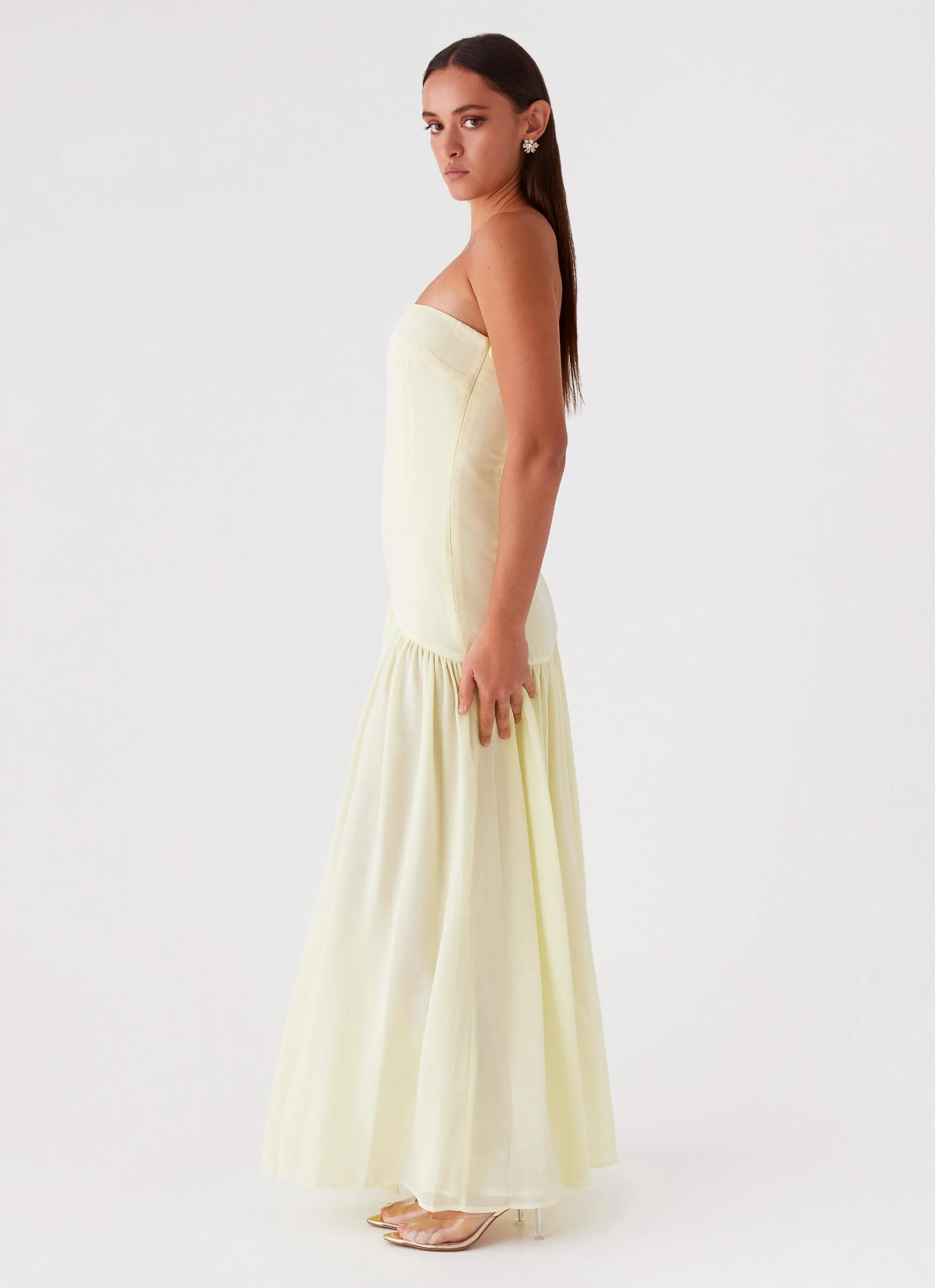 knee length dresses for ladies Edel Navy Satin Strapless Maxi Dress With Drape – Club L London main image 0
