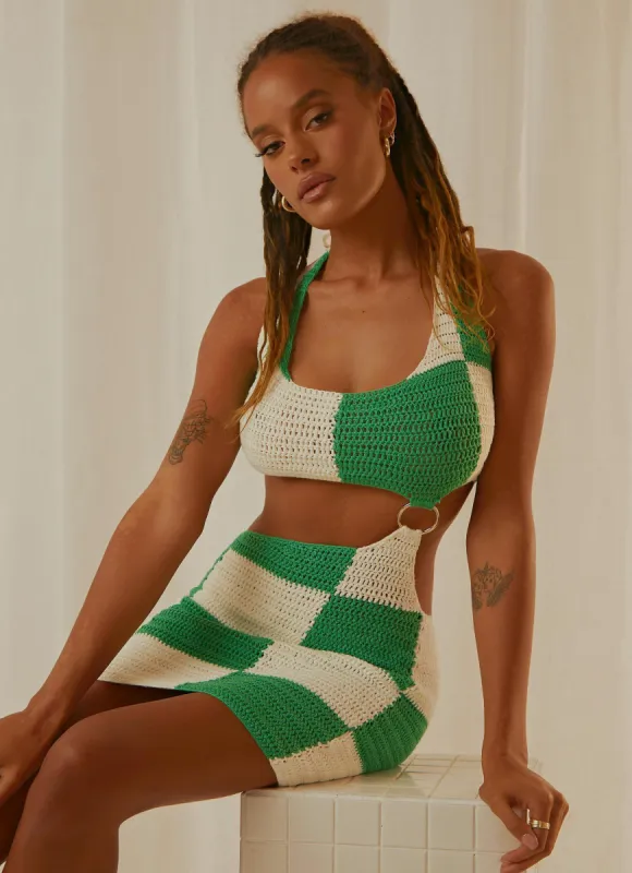 Jet Set Crochet Mini Dress - Green Check sold by Peppermayo