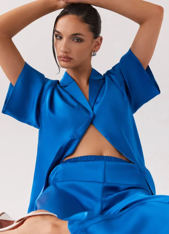 Palm Cove Satin Shirt - Cobalt made by Peppermayo