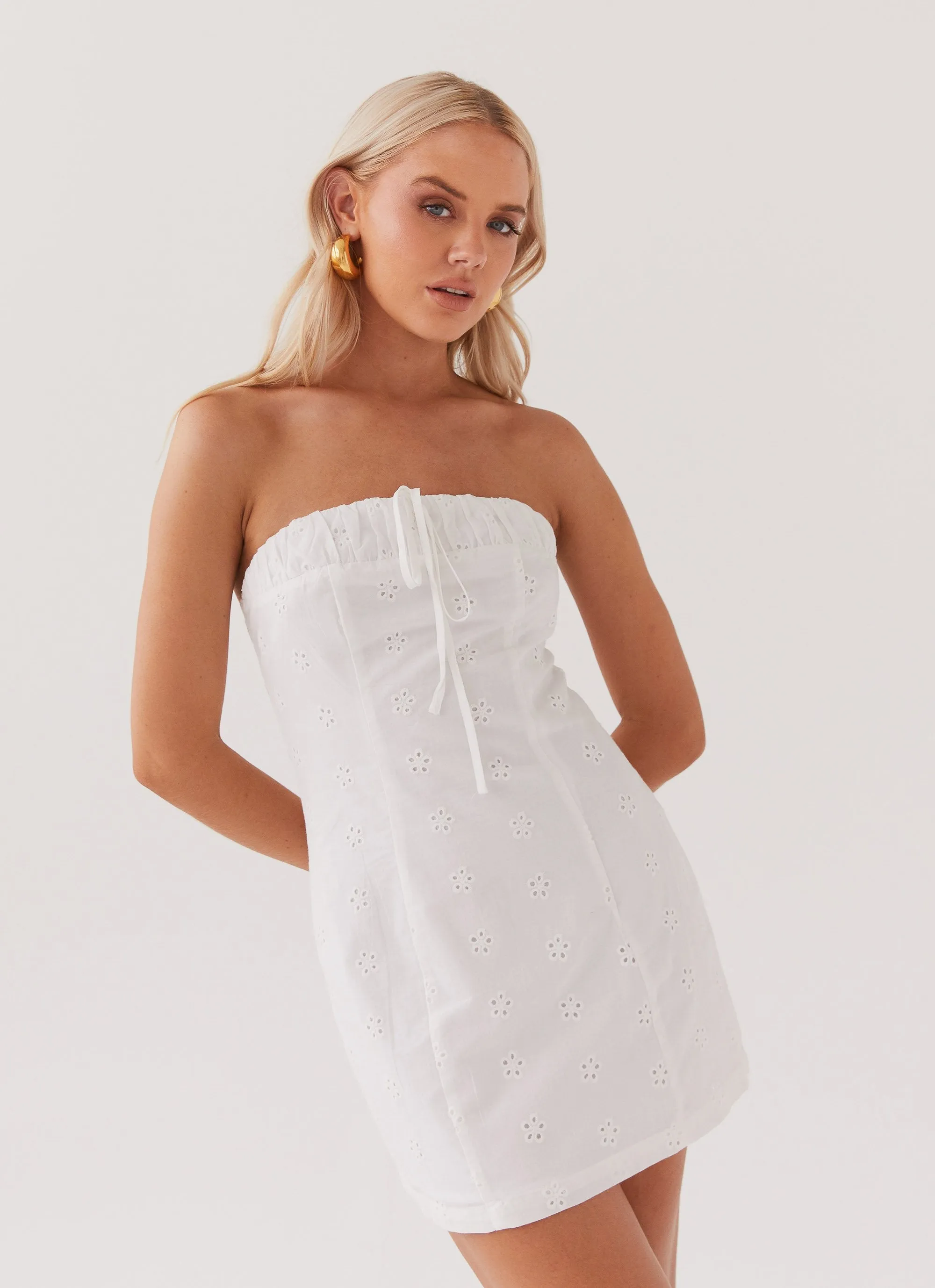 Bronwyn Broderie Mini Dress - White sold by Peppermayo