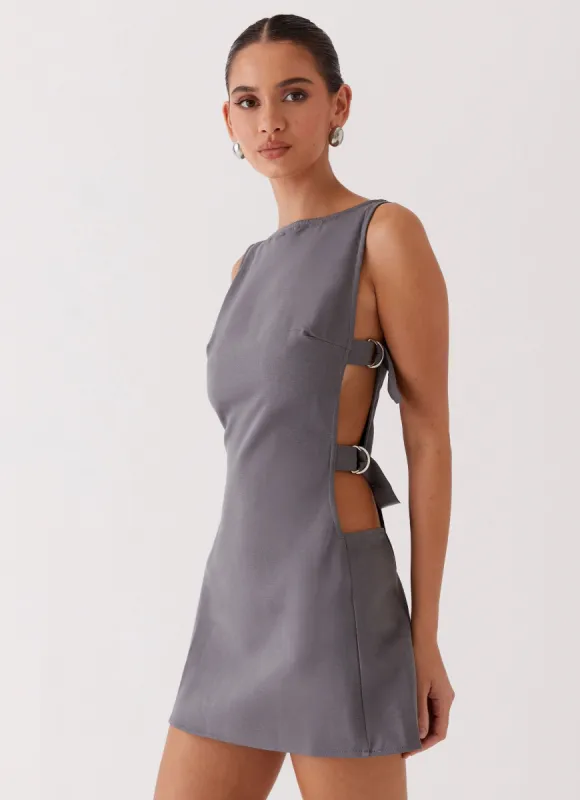 Cherish You Buckle Mini Dress - Charcoal sold by Peppermayo