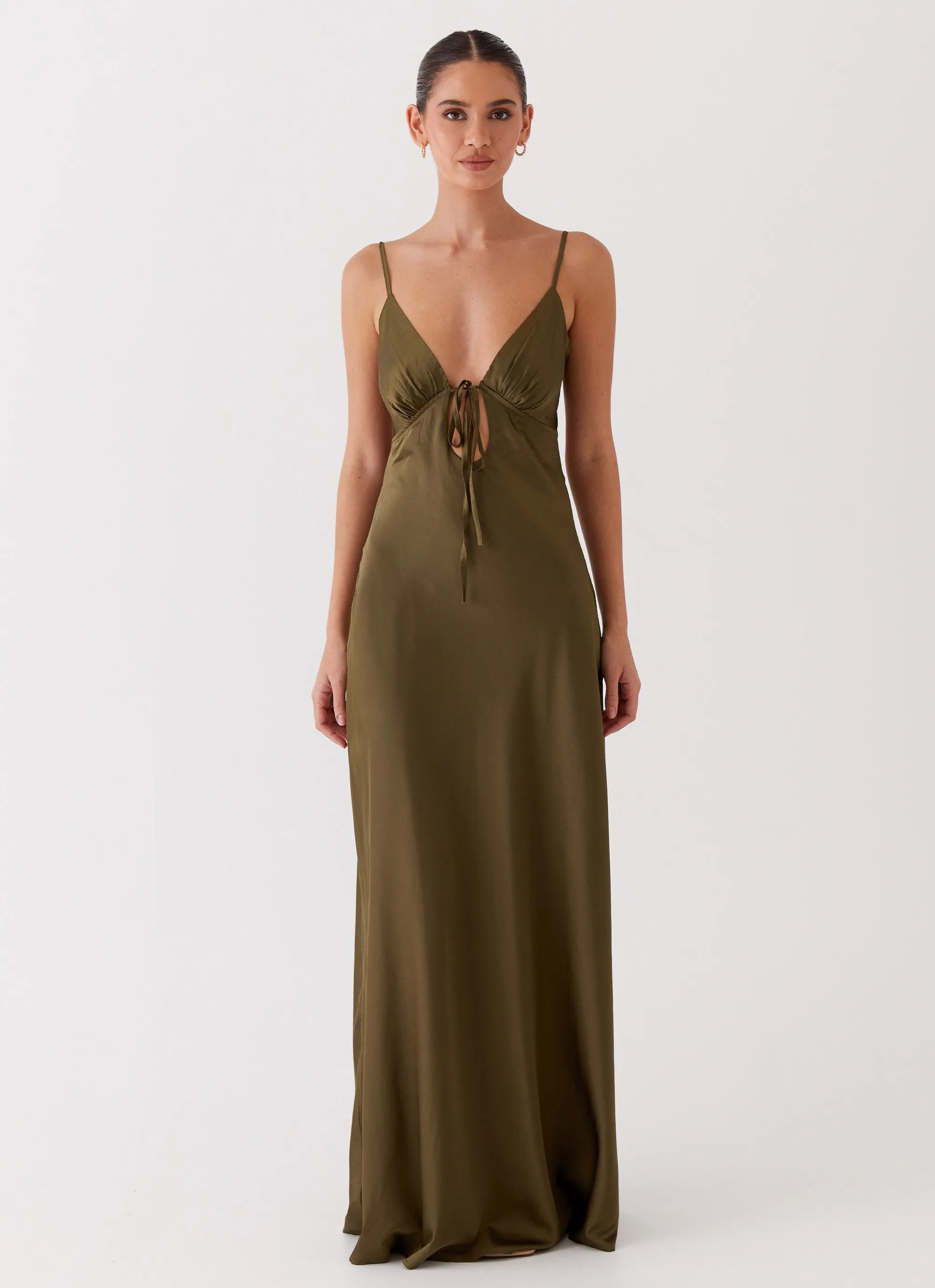 Flora Satin Maxi Dress - Khaki sold by Peppermayo product image thumbnail 3