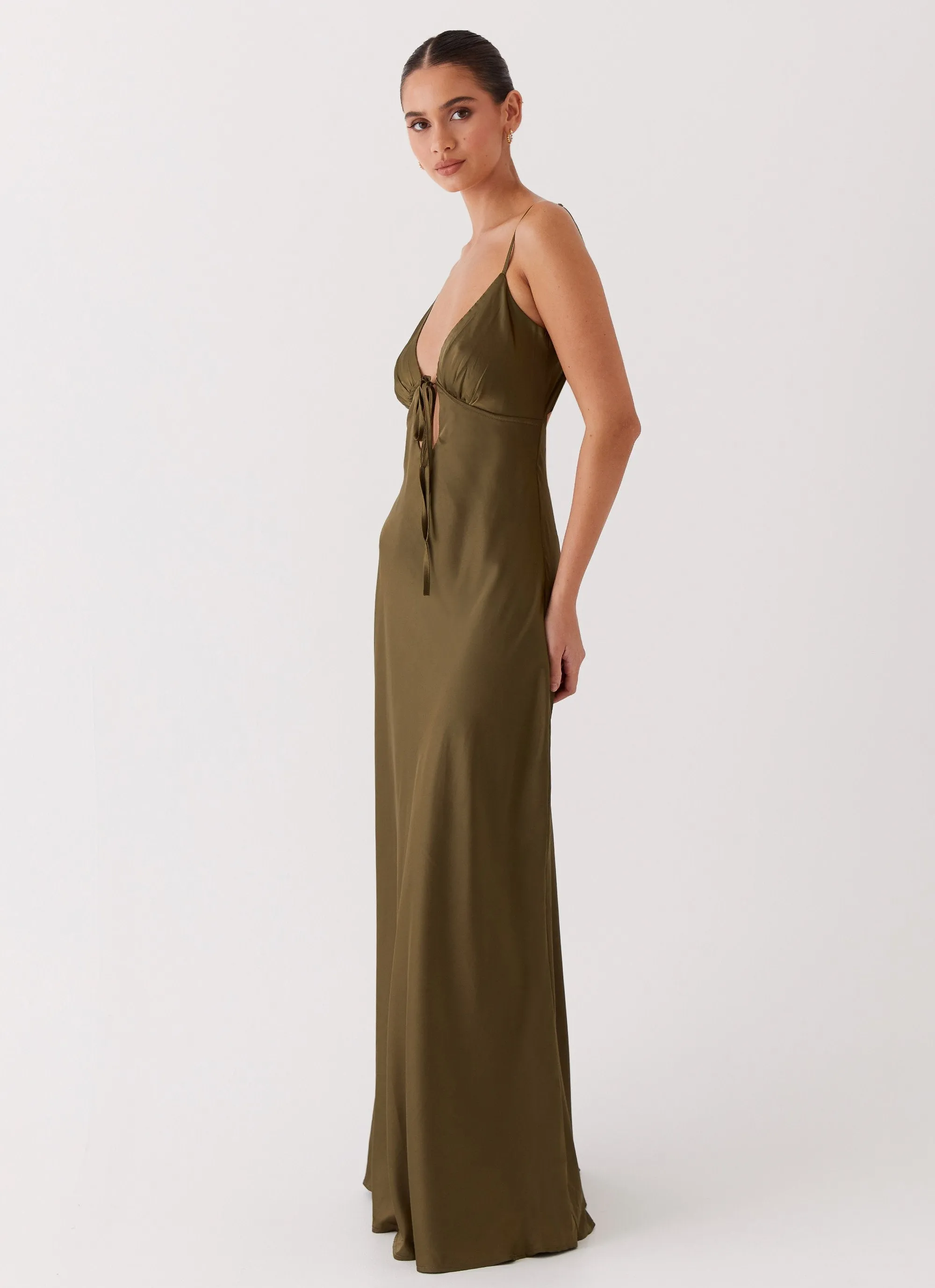 Flora Satin Maxi Dress - Khaki sold by Peppermayo product image thumbnail 4