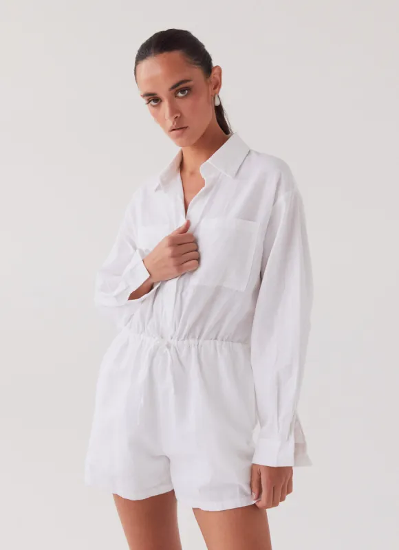 Unwind Linen Shirt Playsuit - White sold by Peppermayo