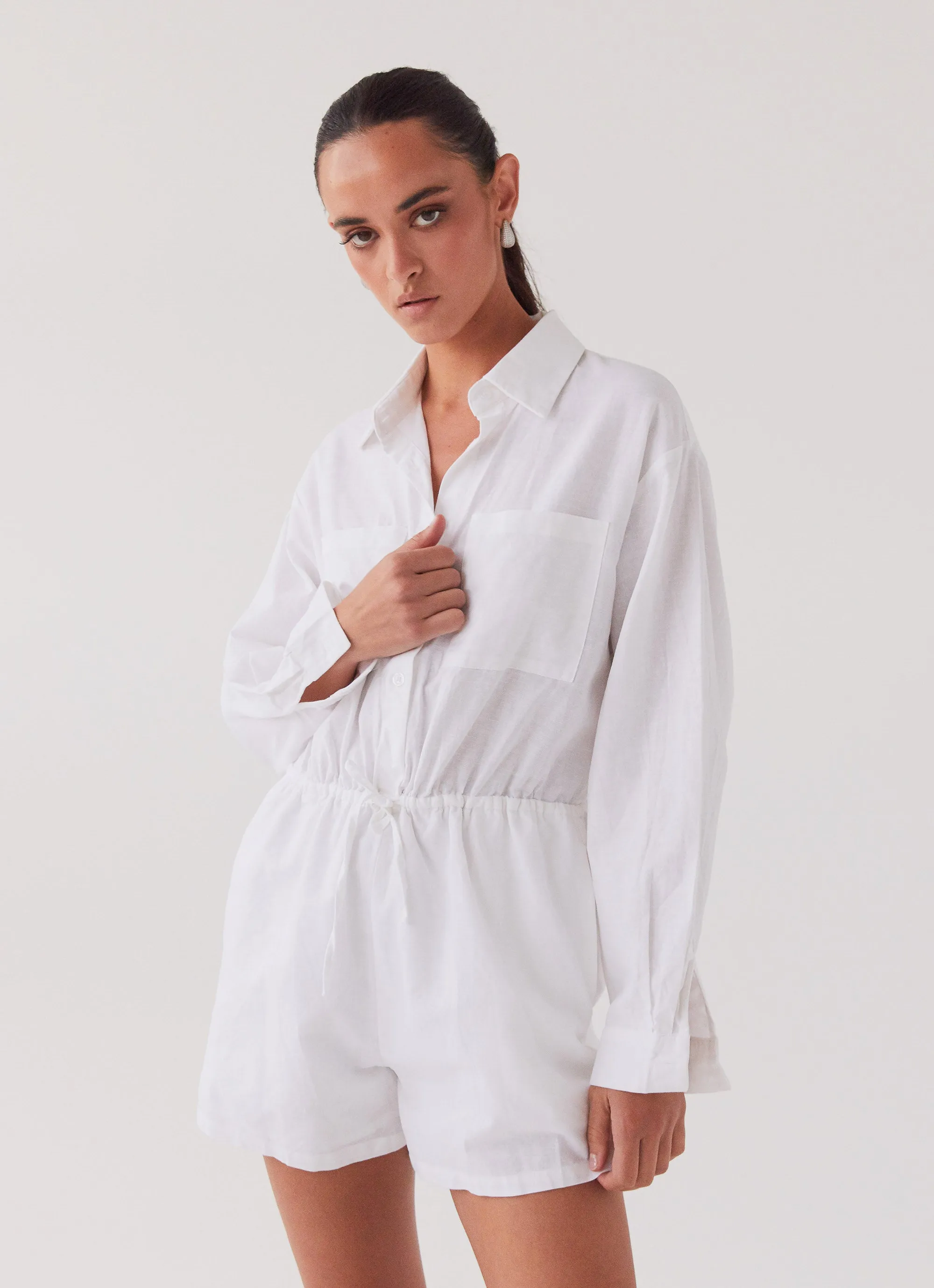 Unwind Linen Shirt Playsuit - White sold by Peppermayo