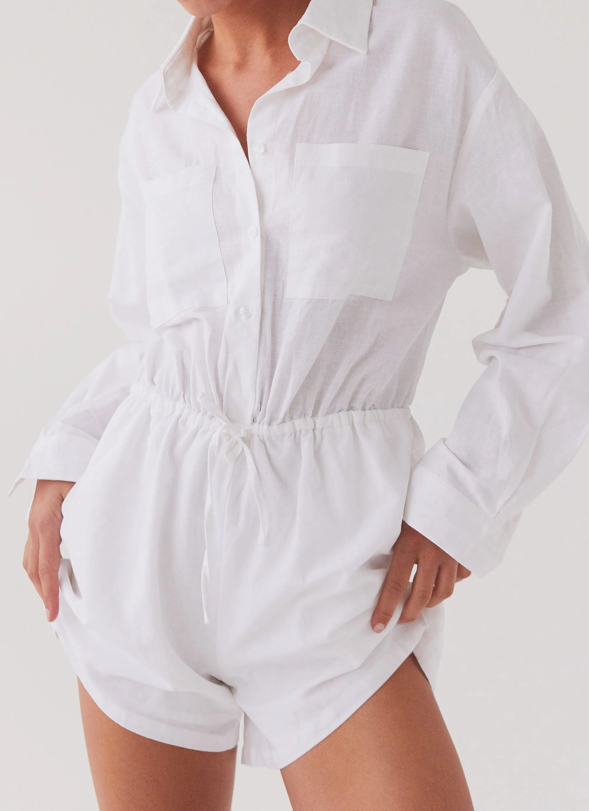 Unwind Linen Shirt Playsuit - White sold by Peppermayo product image thumbnail 5