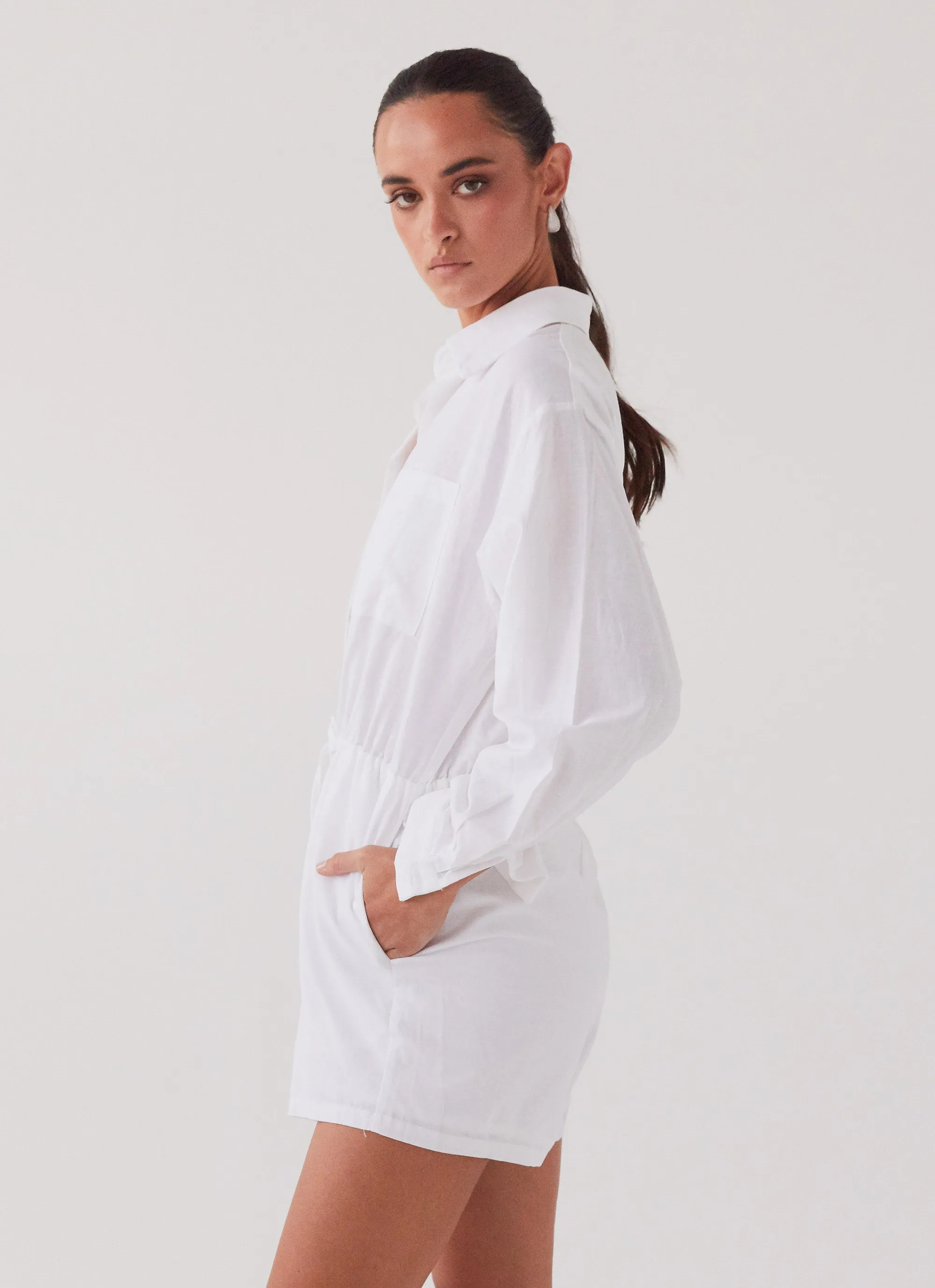 Unwind Linen Shirt Playsuit - White sold by Peppermayo product image thumbnail 3