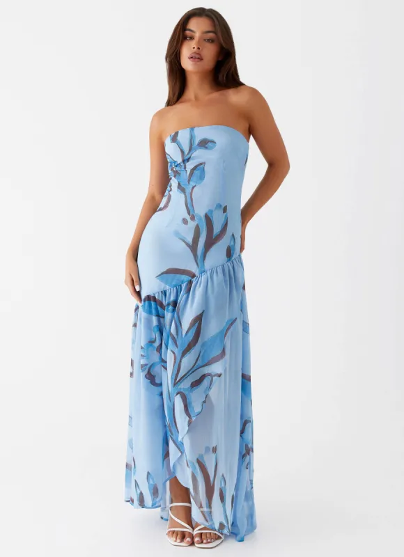 Solaris Strapless Maxi Dress - Blue Floral sold by Peppermayo