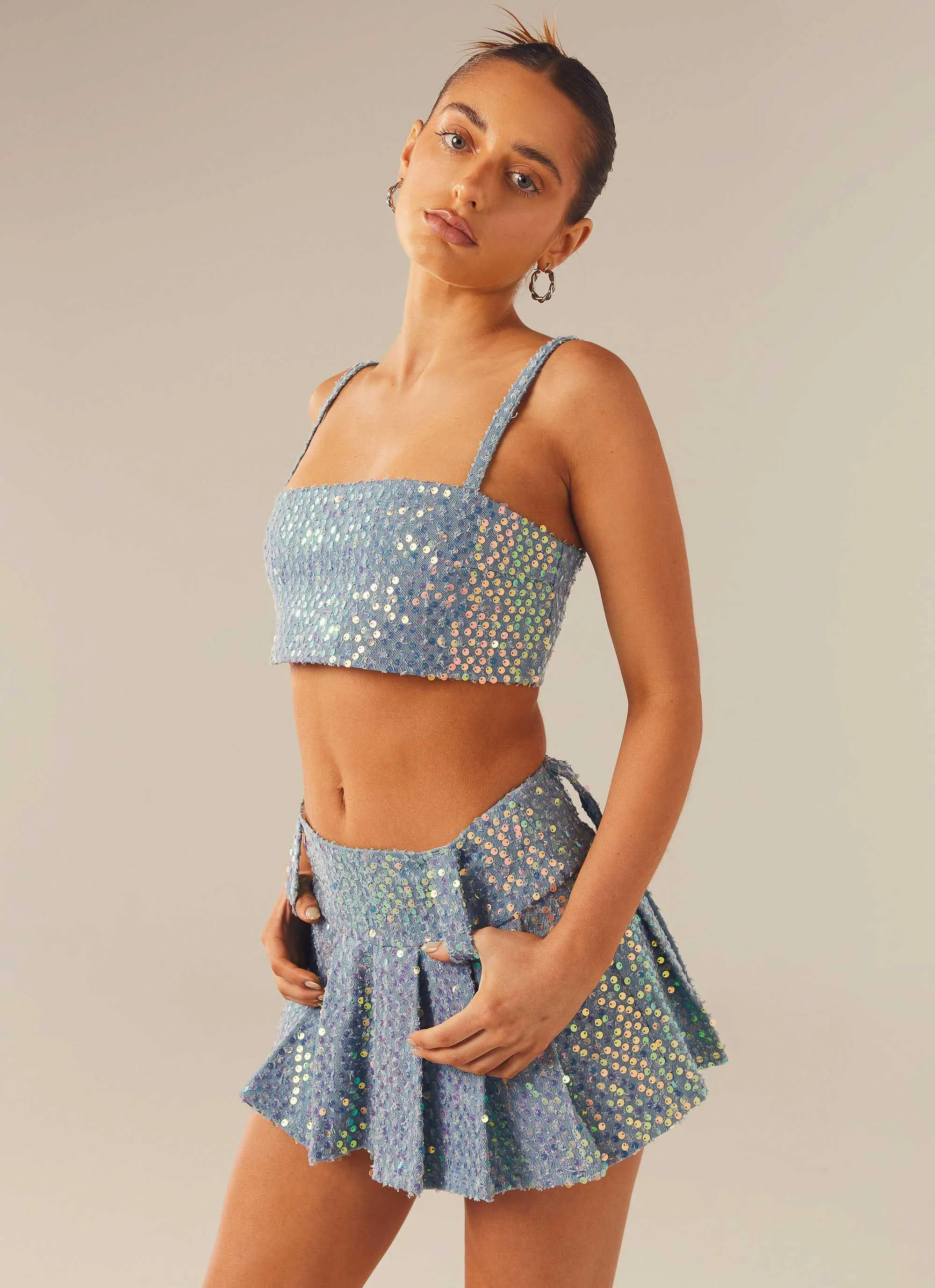 Fly Girl Crop Top - Sequin Denim sold by Peppermayo