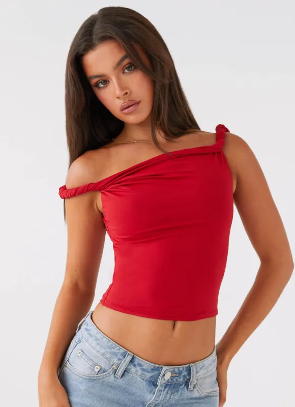 Solace Soul Twist Shoulder Top - Red sold by Peppermayo