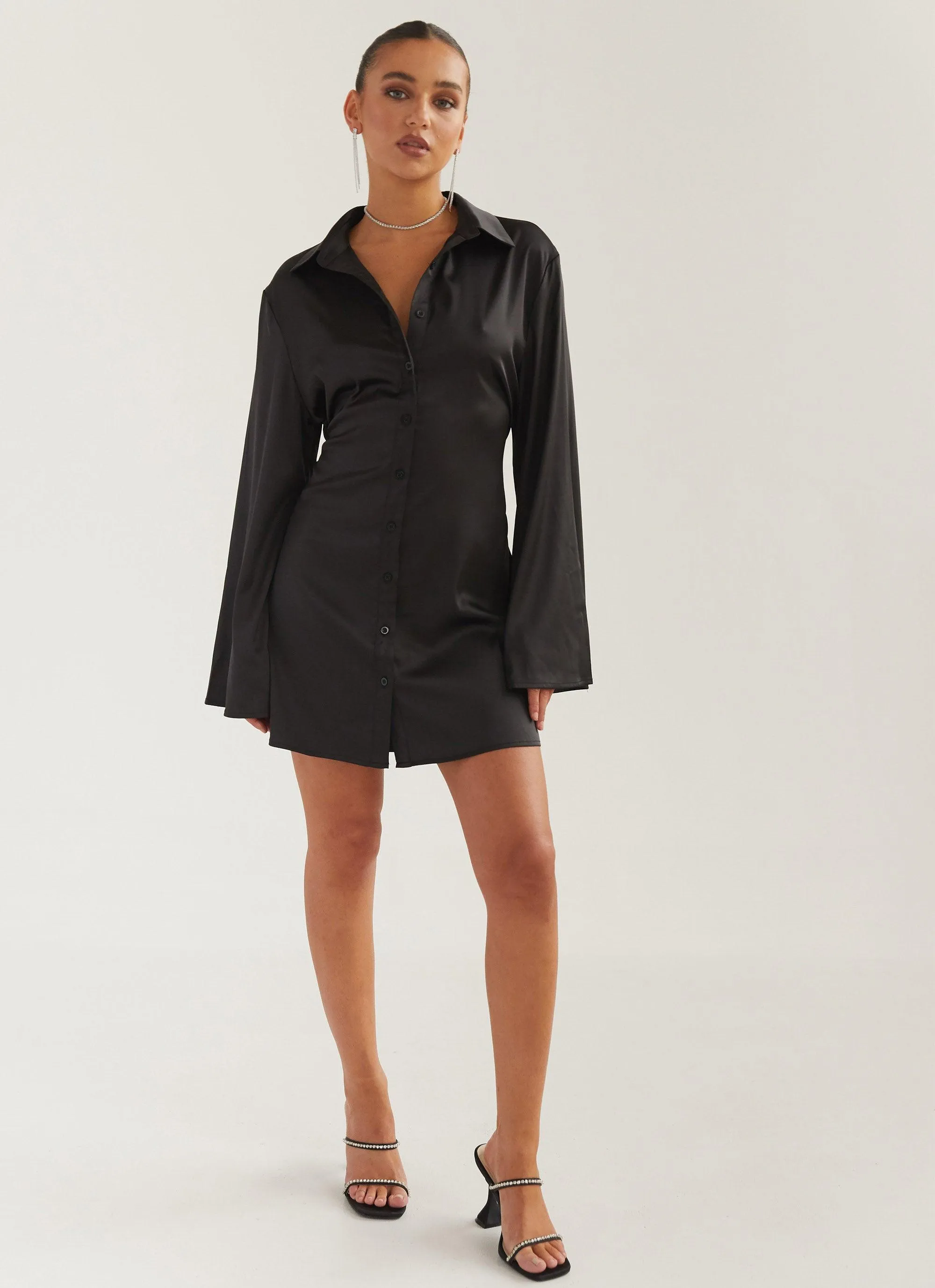 Draped In Bliss Satin Shirt Dress - Shadow sold by Peppermayo product image thumbnail 4