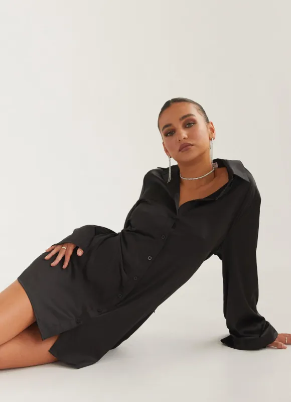 Draped In Bliss Satin Shirt Dress - Shadow sold by Peppermayo