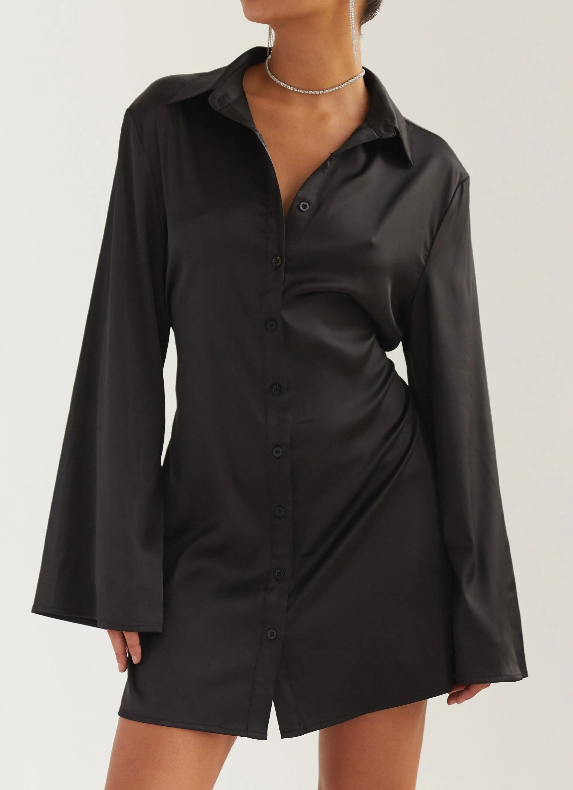 Draped In Bliss Satin Shirt Dress - Shadow sold by Peppermayo product image thumbnail 5