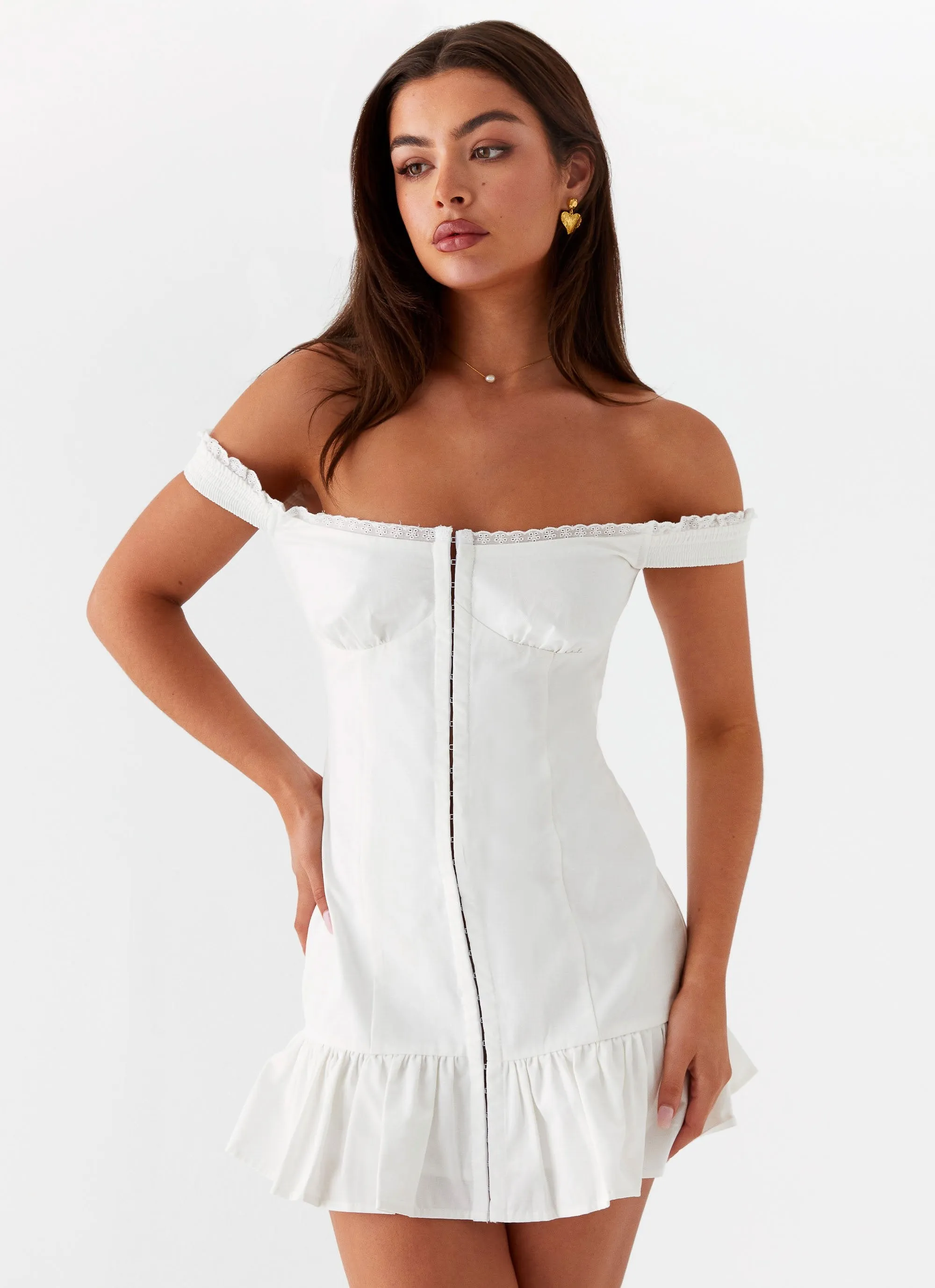 Odessa Frill Mini Dress - White sold by Peppermayo