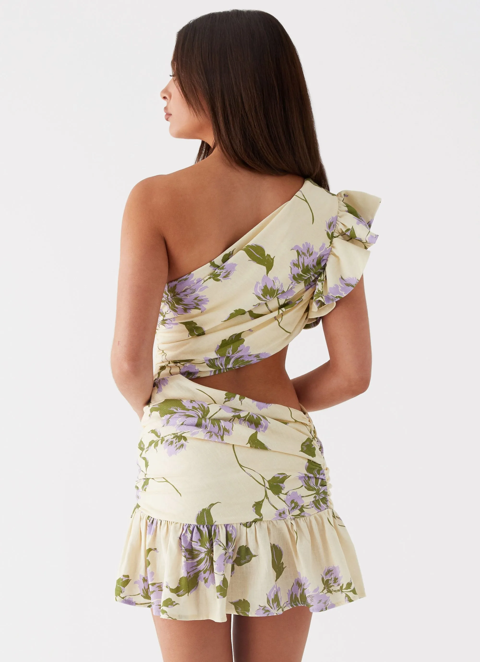 Floral Outro Linen Mini Dress - Yellow Purple Floral sold by Peppermayo product image thumbnail 5