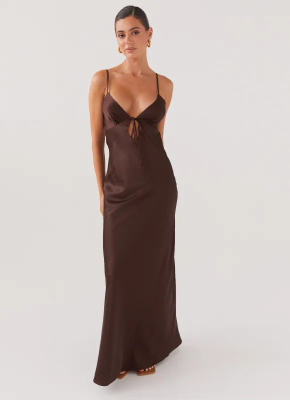 Flora Satin Maxi Dress - Chocolate sold by Peppermayo