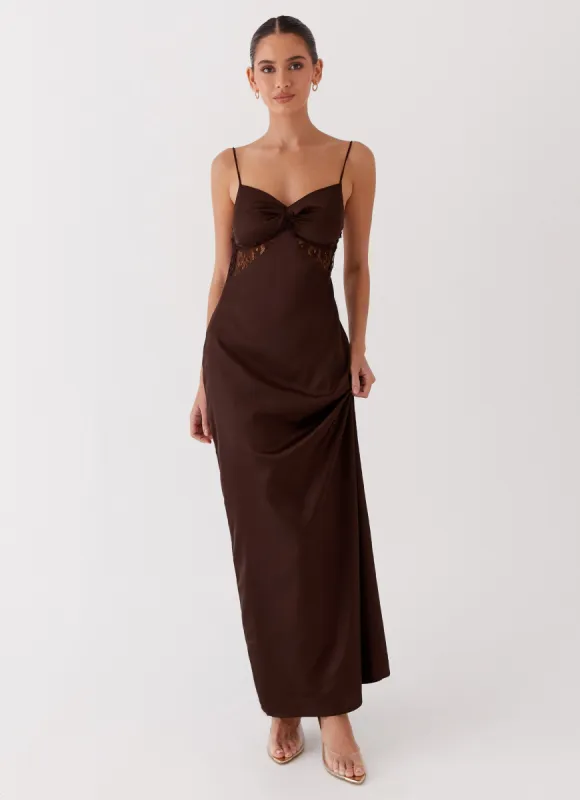 Dream Sight Lace Satin Maxi Dress - Chocolate sold by Peppermayo