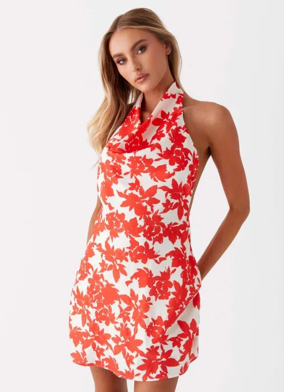 Carmine Bouquet Cowl Neck Mini Dress - Red Floral sold by Peppermayo