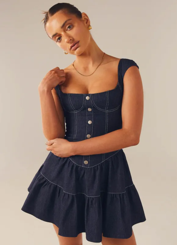 Isabella Denim Bustier Dress - Indigo sold by Peppermayo