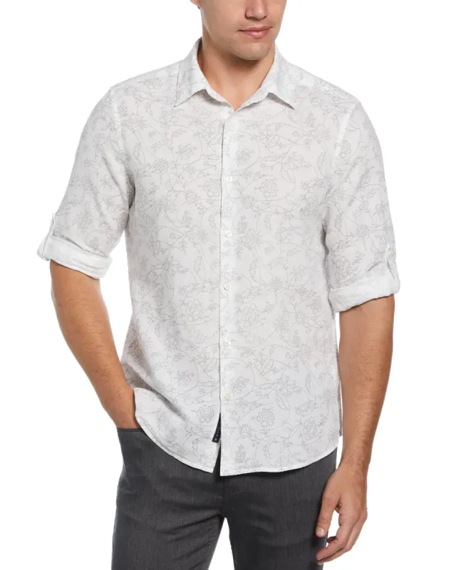 Untucked Linen Blend Roll Sleeve Vine Print Shirt sold by Perry Ellis