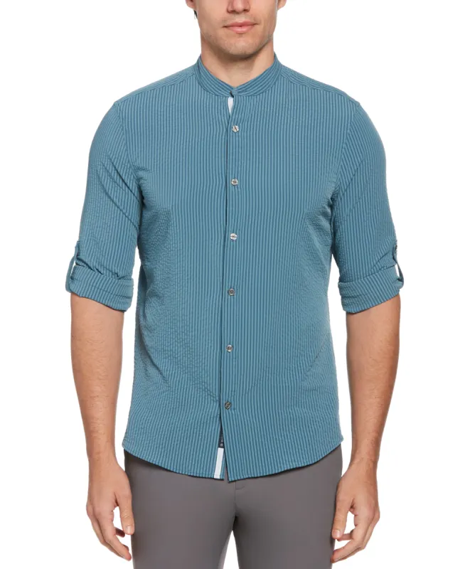 Untucked Total Stretch Slim Fit Seersucker Shirt - Blue sold by Perry Ellis