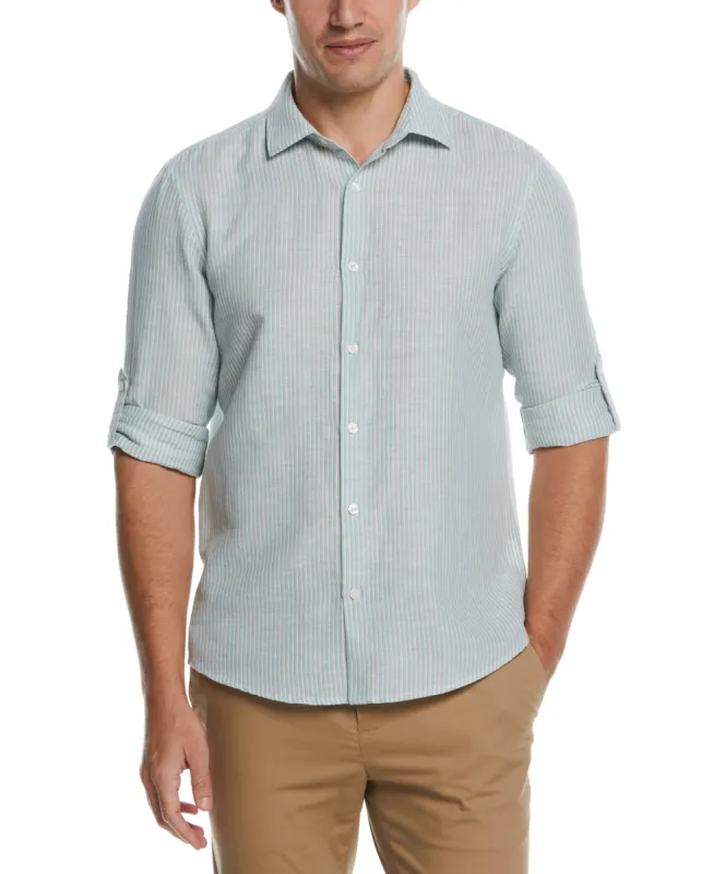 Untucked Roll Sleeve Linen Blend Stripe Shirt sold by Perry Ellis