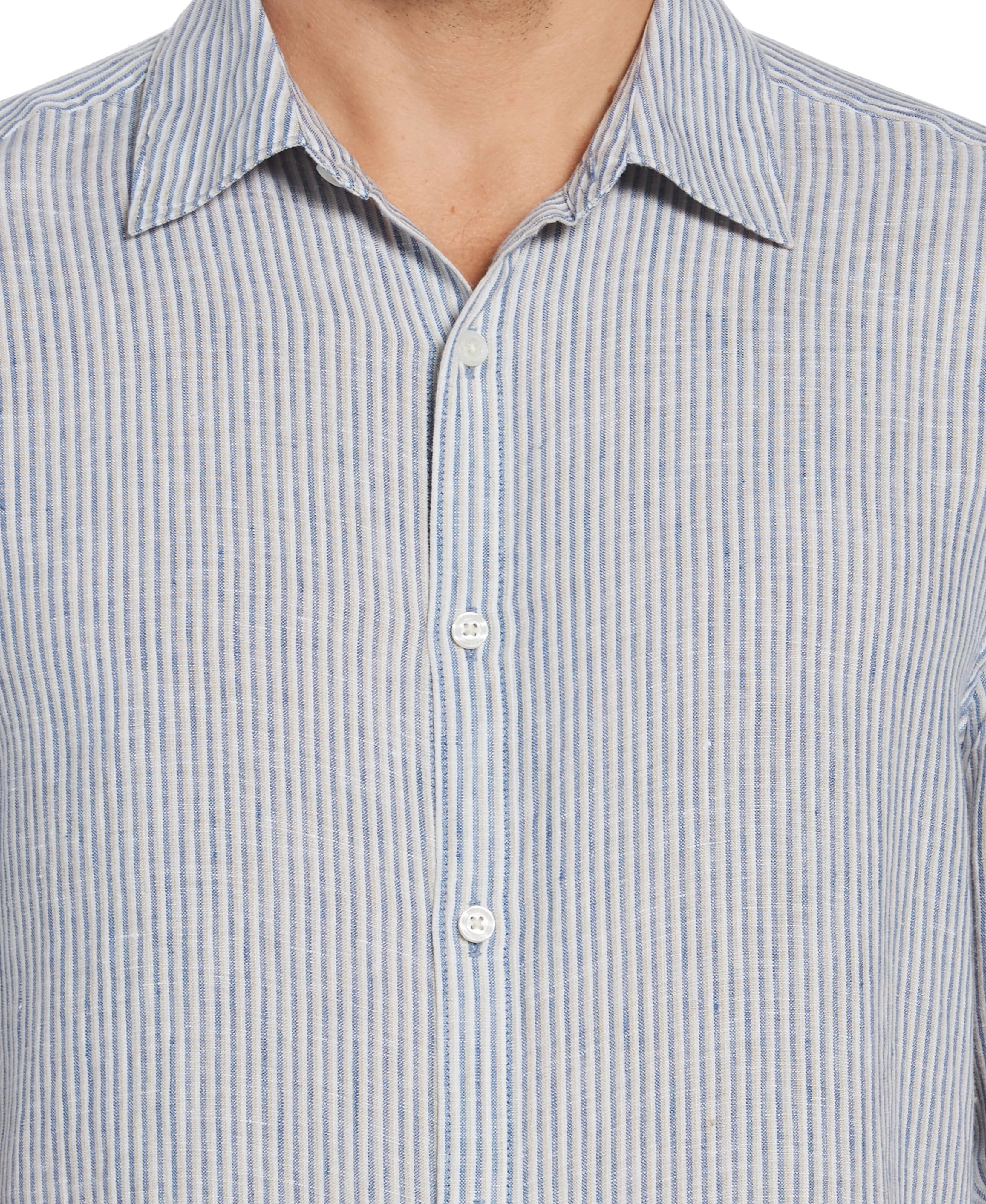 Untucked Roll Sleeve Linen Blend Tri-Color Stripe Shirt sold by Perry Ellis product image thumbnail 3
