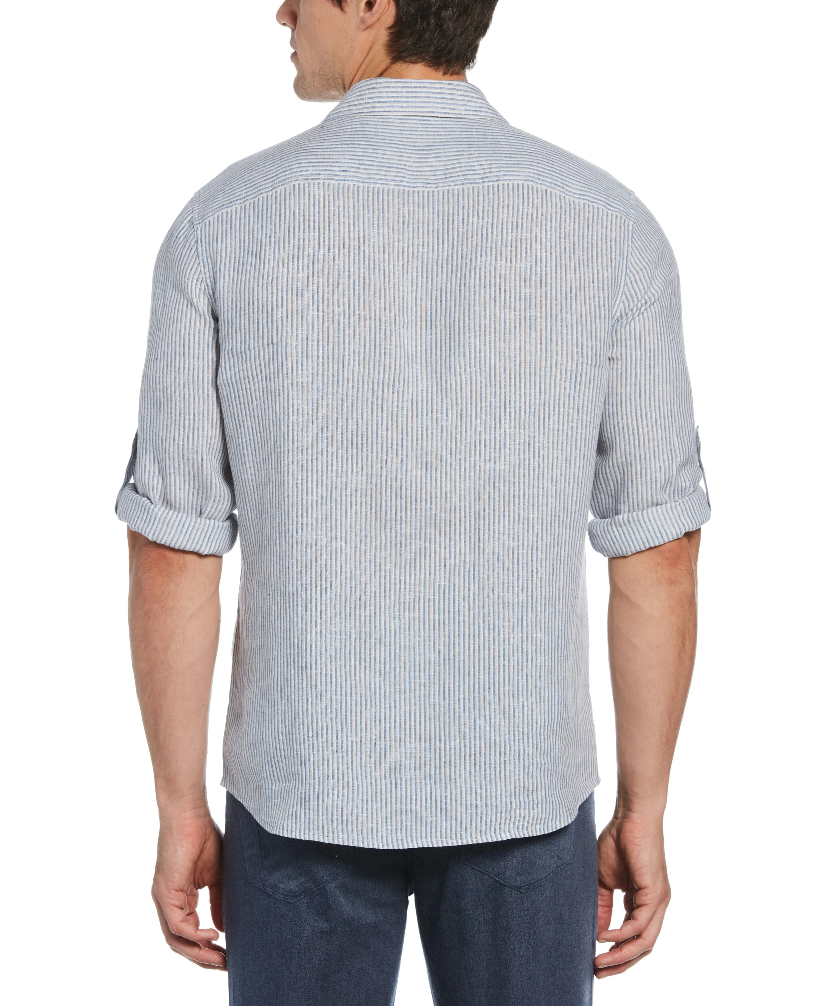 Untucked Roll Sleeve Linen Blend Tri-Color Stripe Shirt sold by Perry Ellis product image thumbnail 2