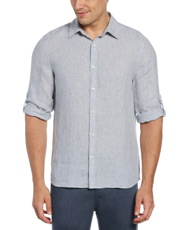 Untucked Roll Sleeve Linen Blend Tri-Color Stripe Shirt sold by Perry Ellis