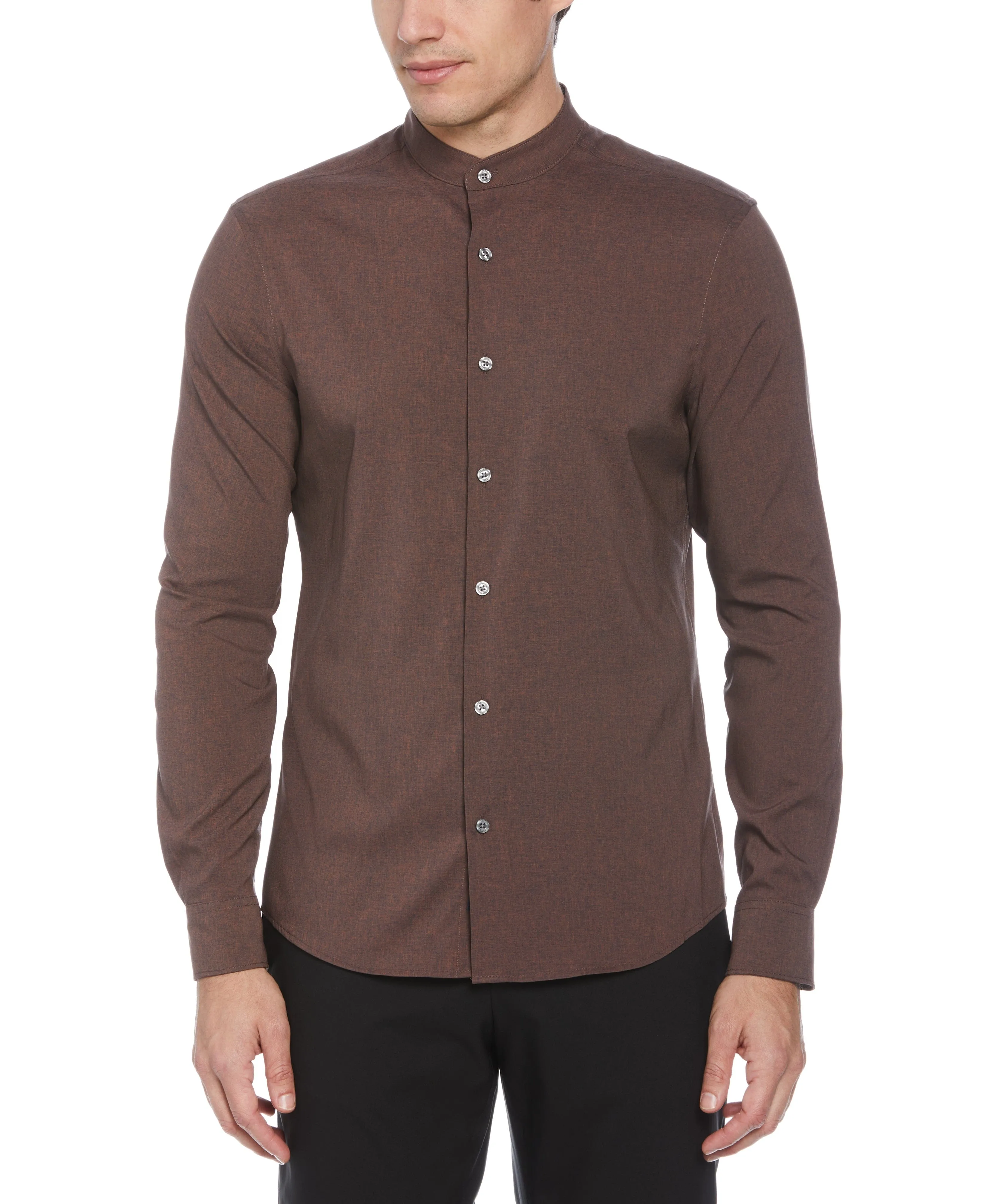 Untucked Total Stretch Slim Fit Banded Collar Shirt - Brown sold by Perry Ellis