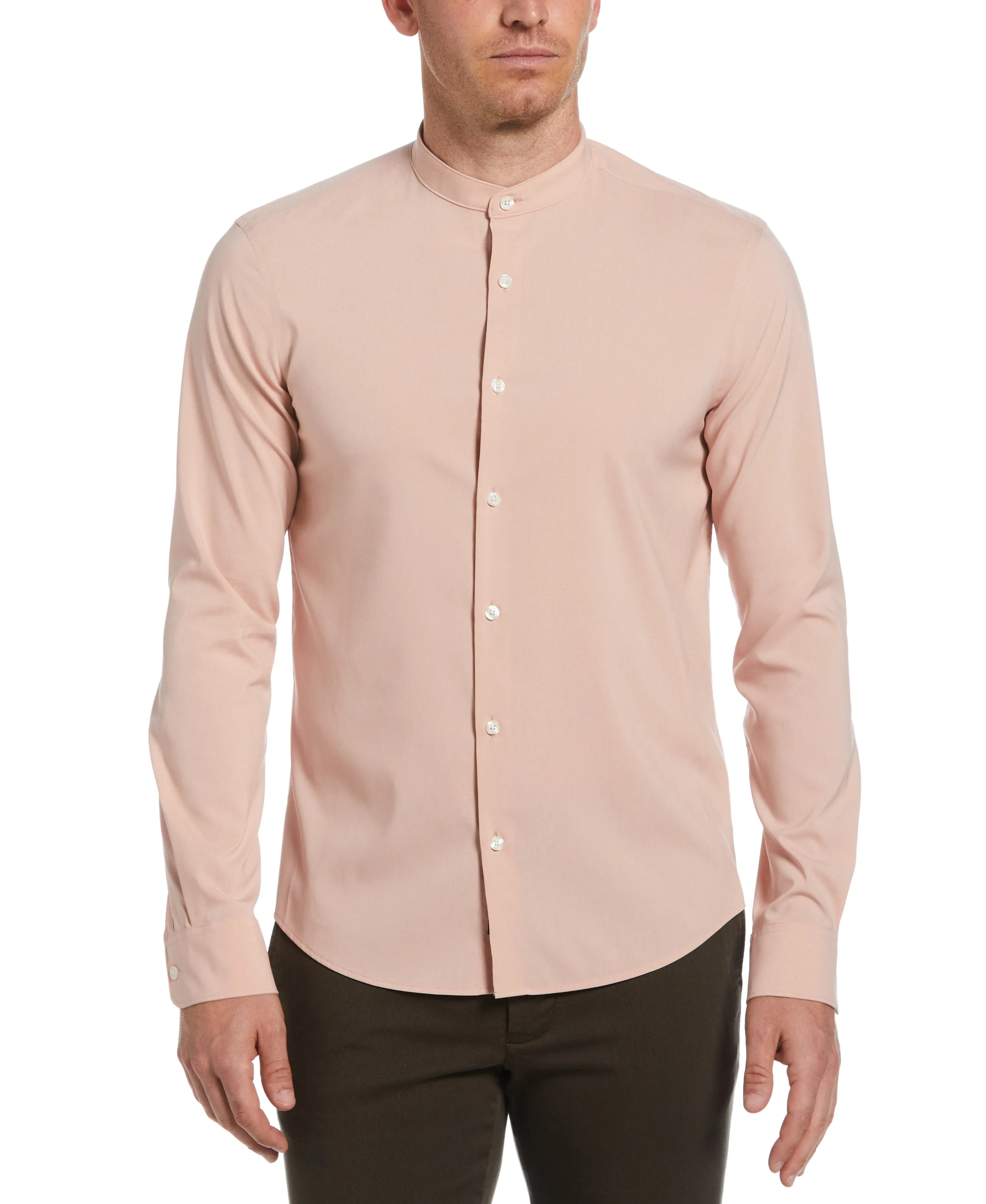 Untucked Total Stretch Slim Fit Band Collar Heathered Shirt - Pink sold by Perry Ellis
