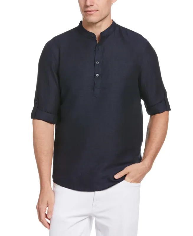 Untucked Roll Sleeve Linen Blend Banded Collar Popover Shirt sold by Perry Ellis