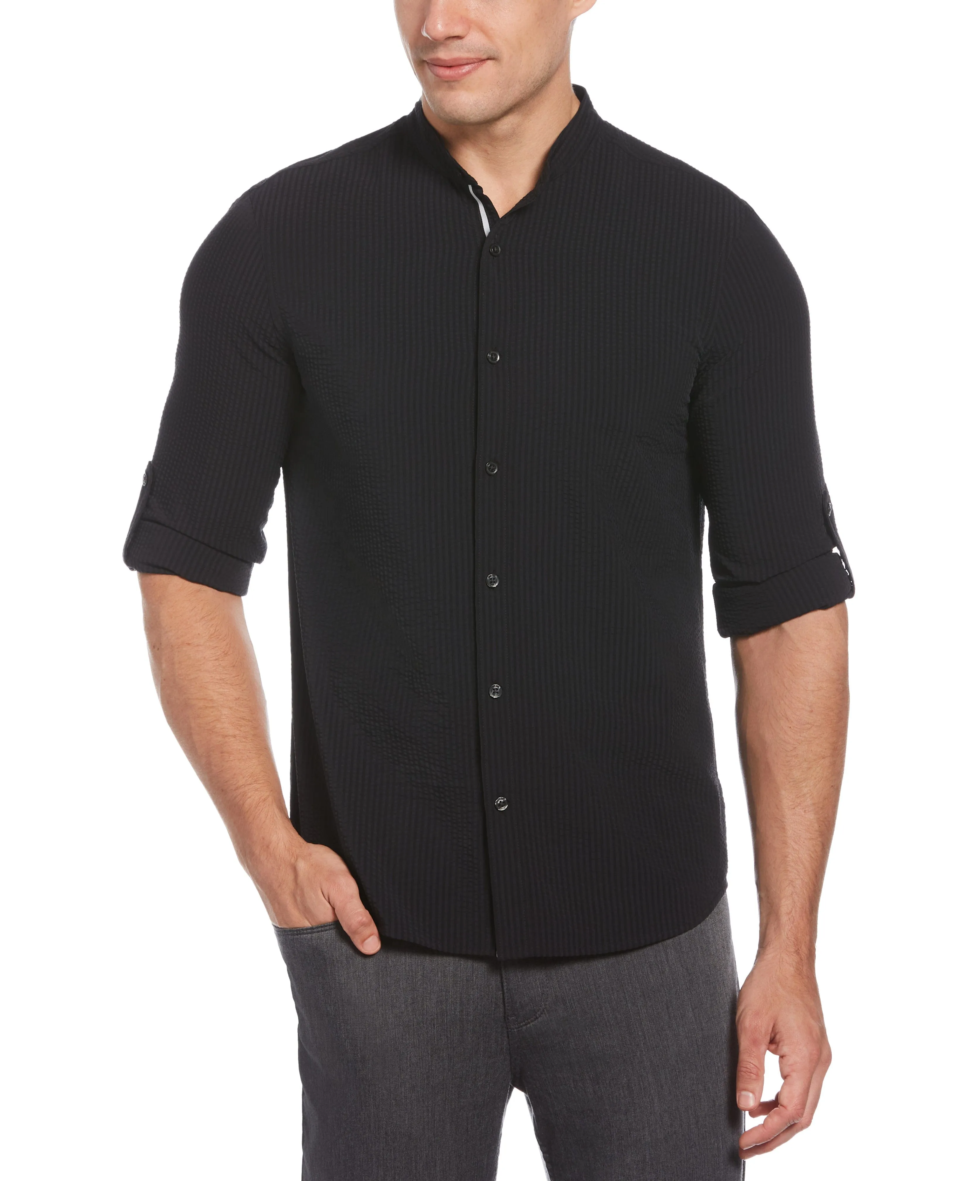 Untucked Total Stretch Slim Fit Seersucker Shirt - Black sold by Perry Ellis