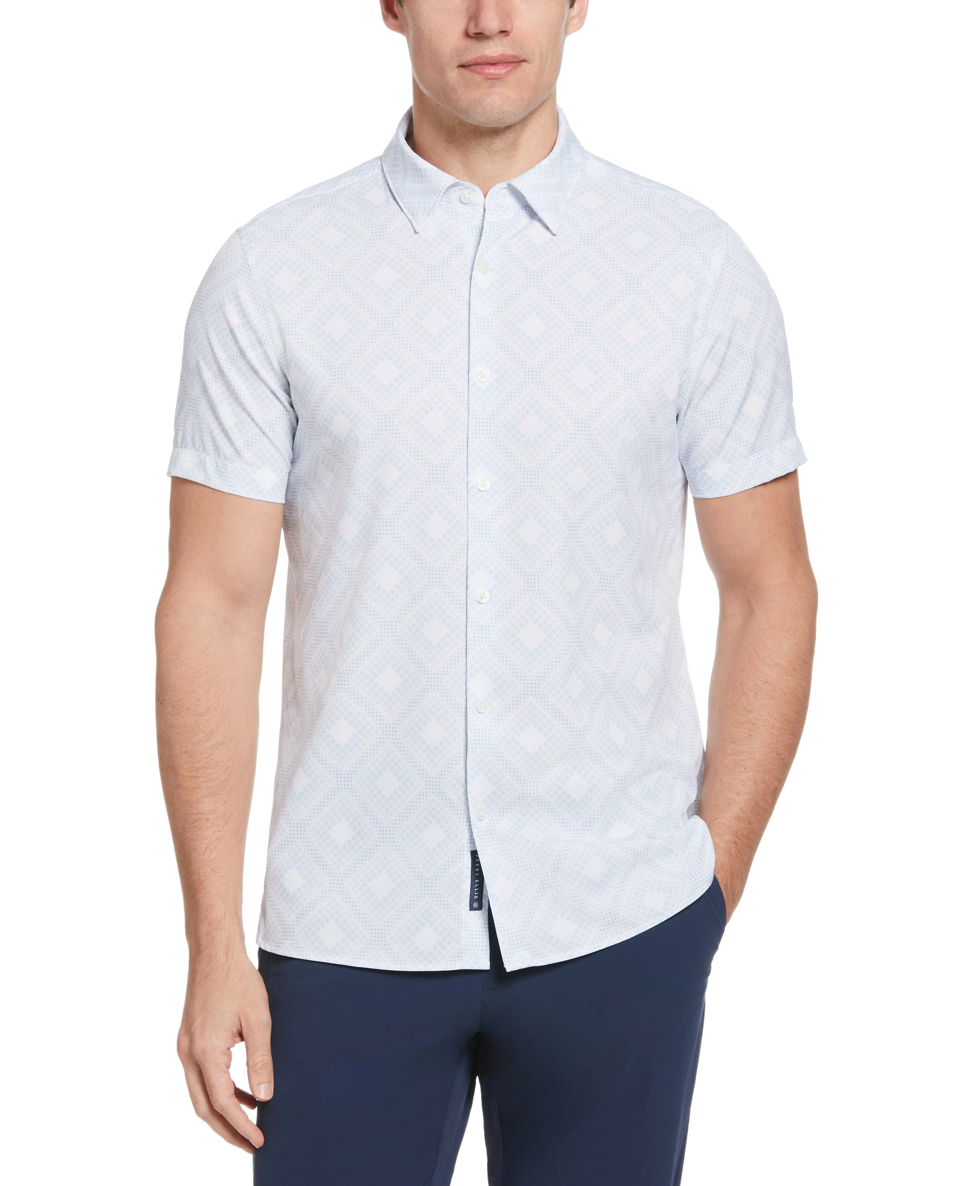 Total Stretch Slim Fit Tiled Dot Print Shirt sold by Perry Ellis