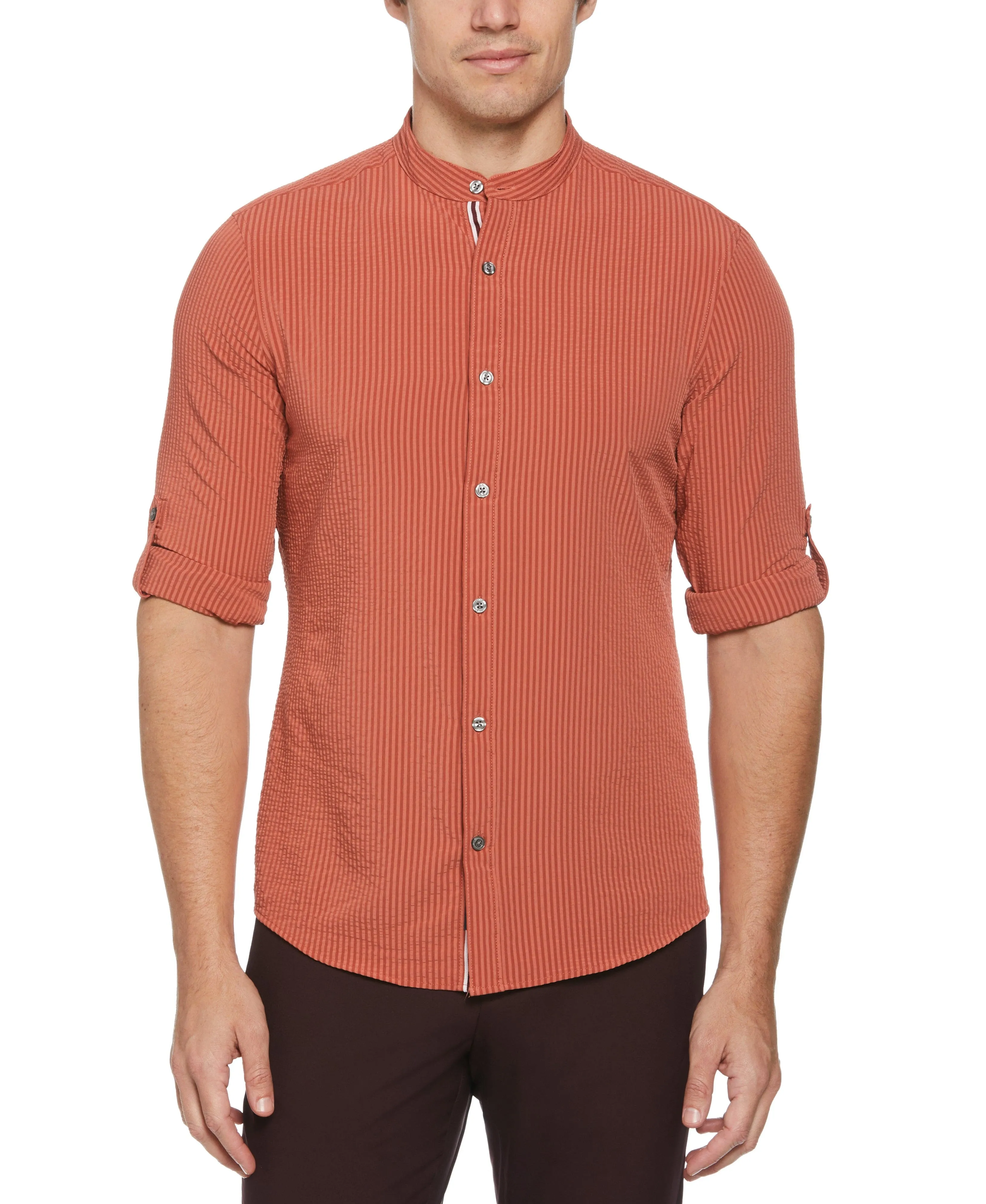 Untucked Total Stretch Slim Fit Seersucker Shirt - Orange sold by Perry Ellis