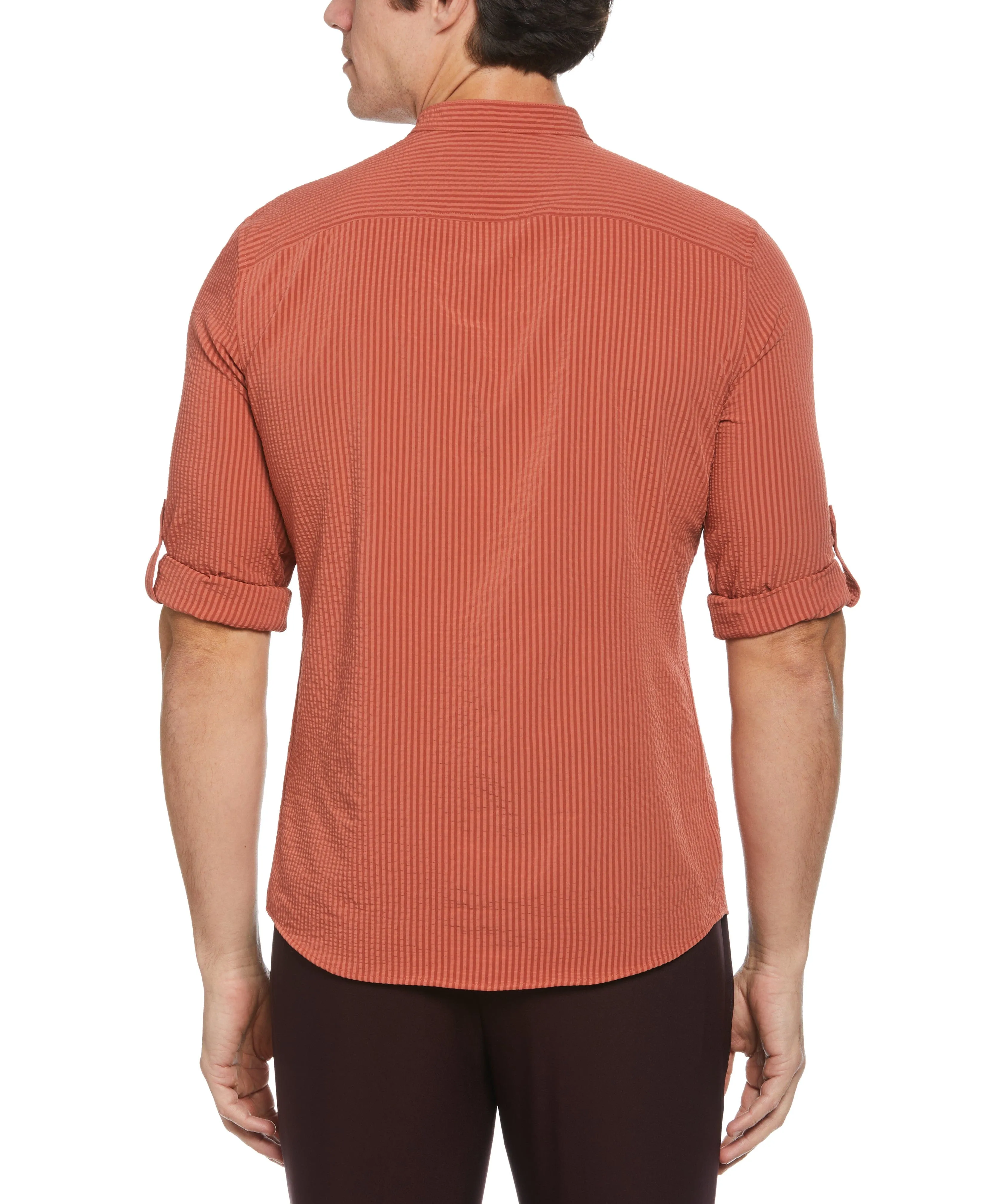 Untucked Total Stretch Slim Fit Seersucker Shirt - Orange sold by Perry Ellis product image thumbnail 2