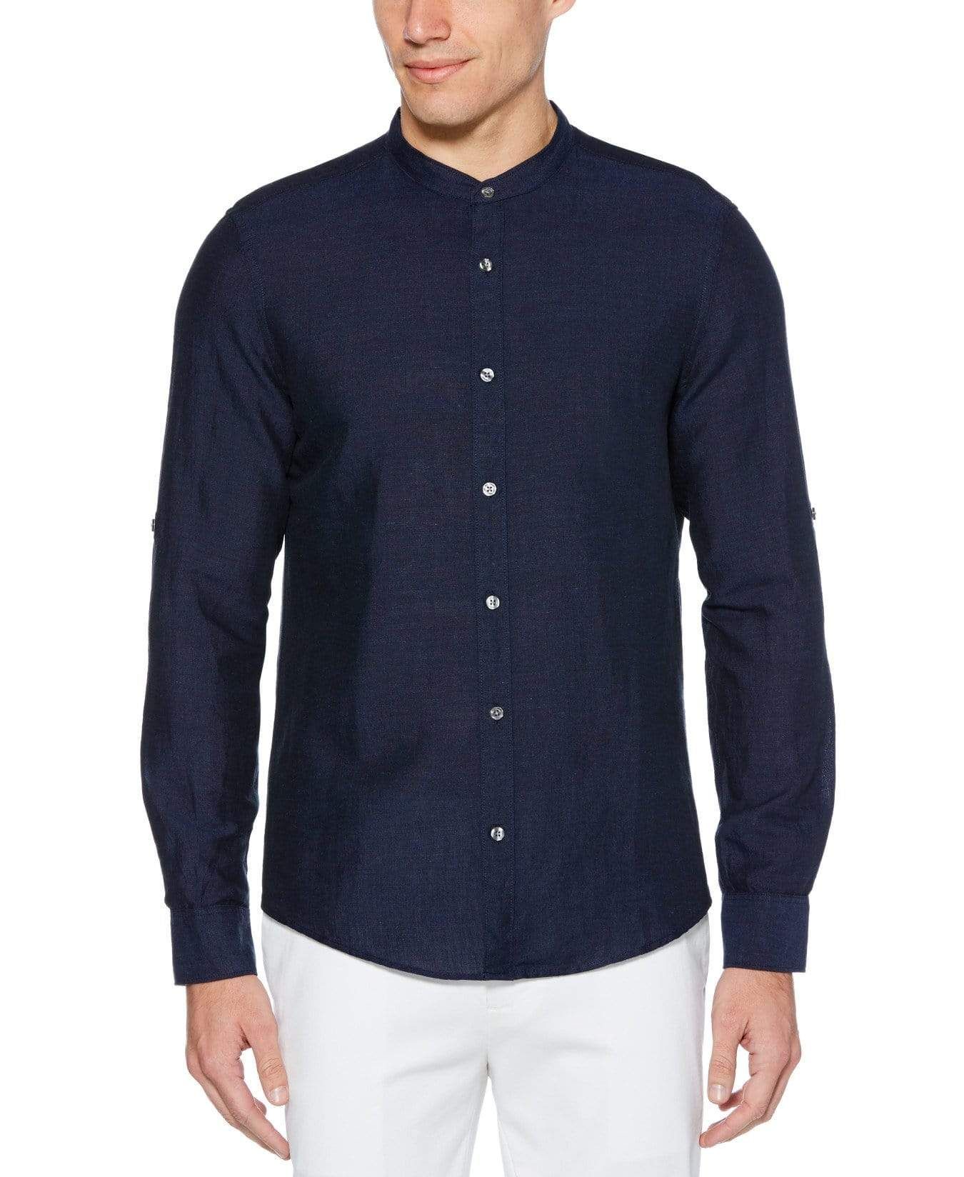 Linen Cotton Rolled Sleeve Banded Collar Shirt sold by Perry Ellis