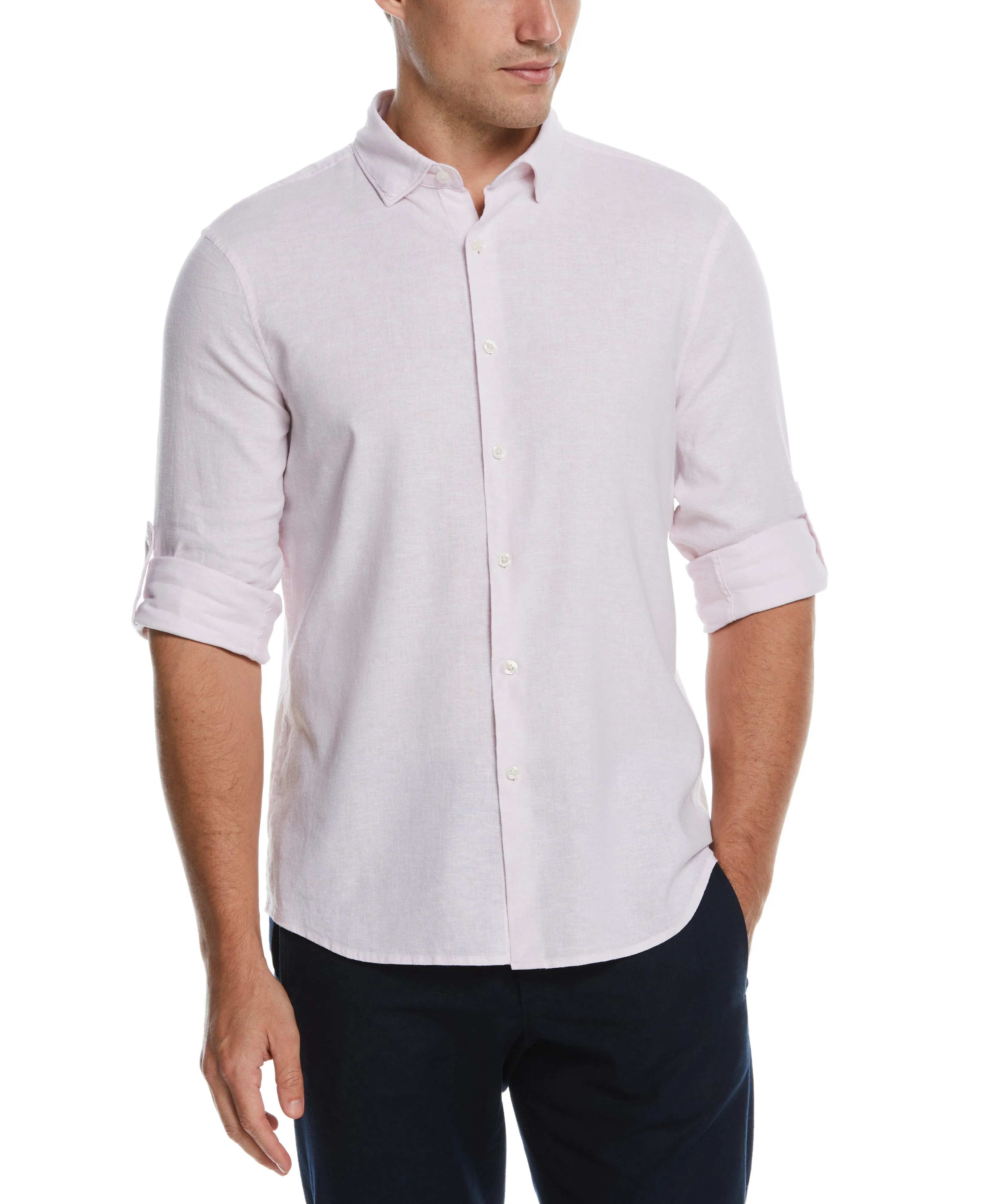 Untucked Slim Fit Linen Blend Rolled Sleeve Shirt sold by Perry Ellis