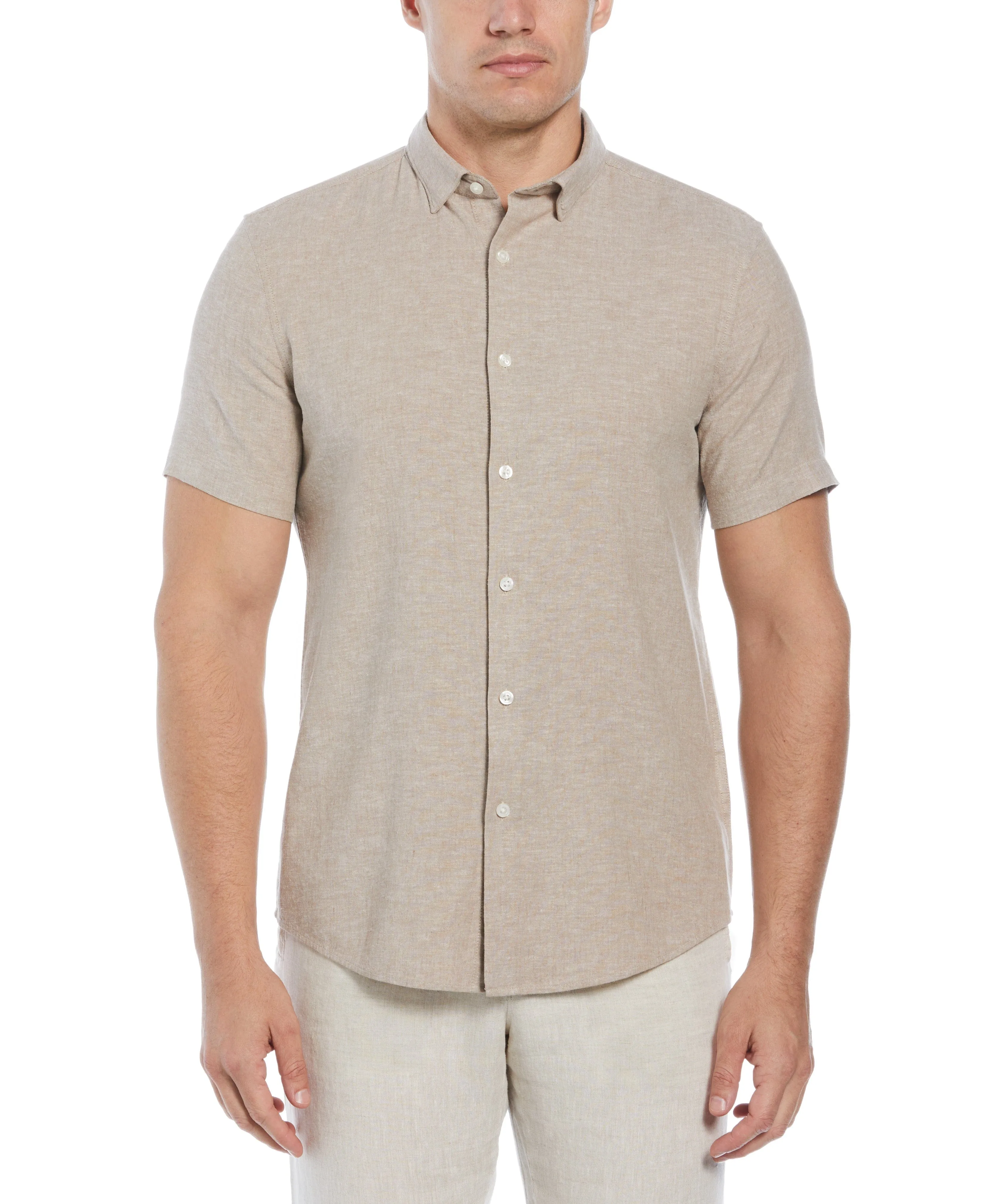 Untucked Slim Fit Linen Blend Heather Shirt - Beige sold by Perry Ellis