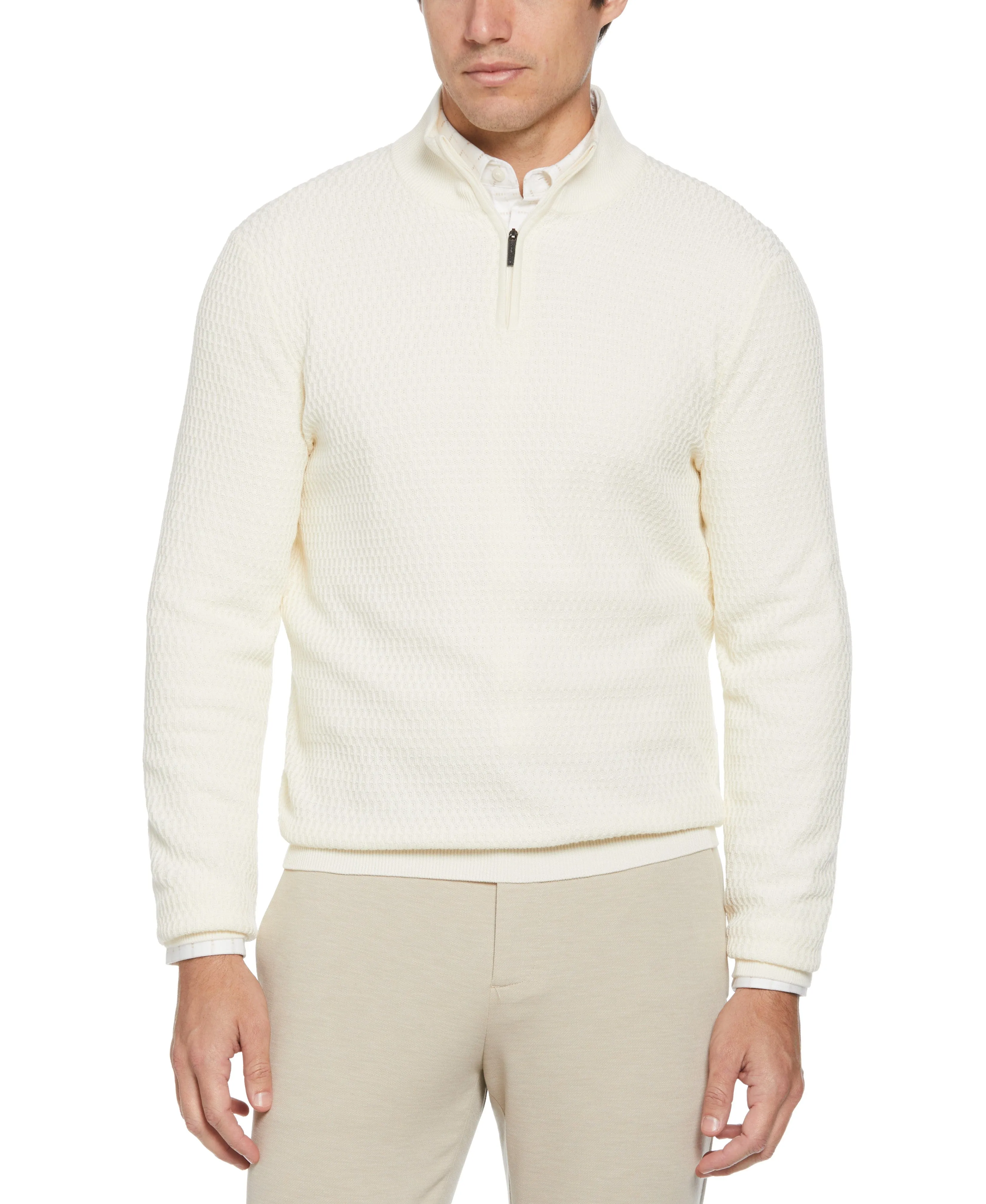 Ribbed Mock Neck Quarter Zip Sweater sold by Perry Ellis