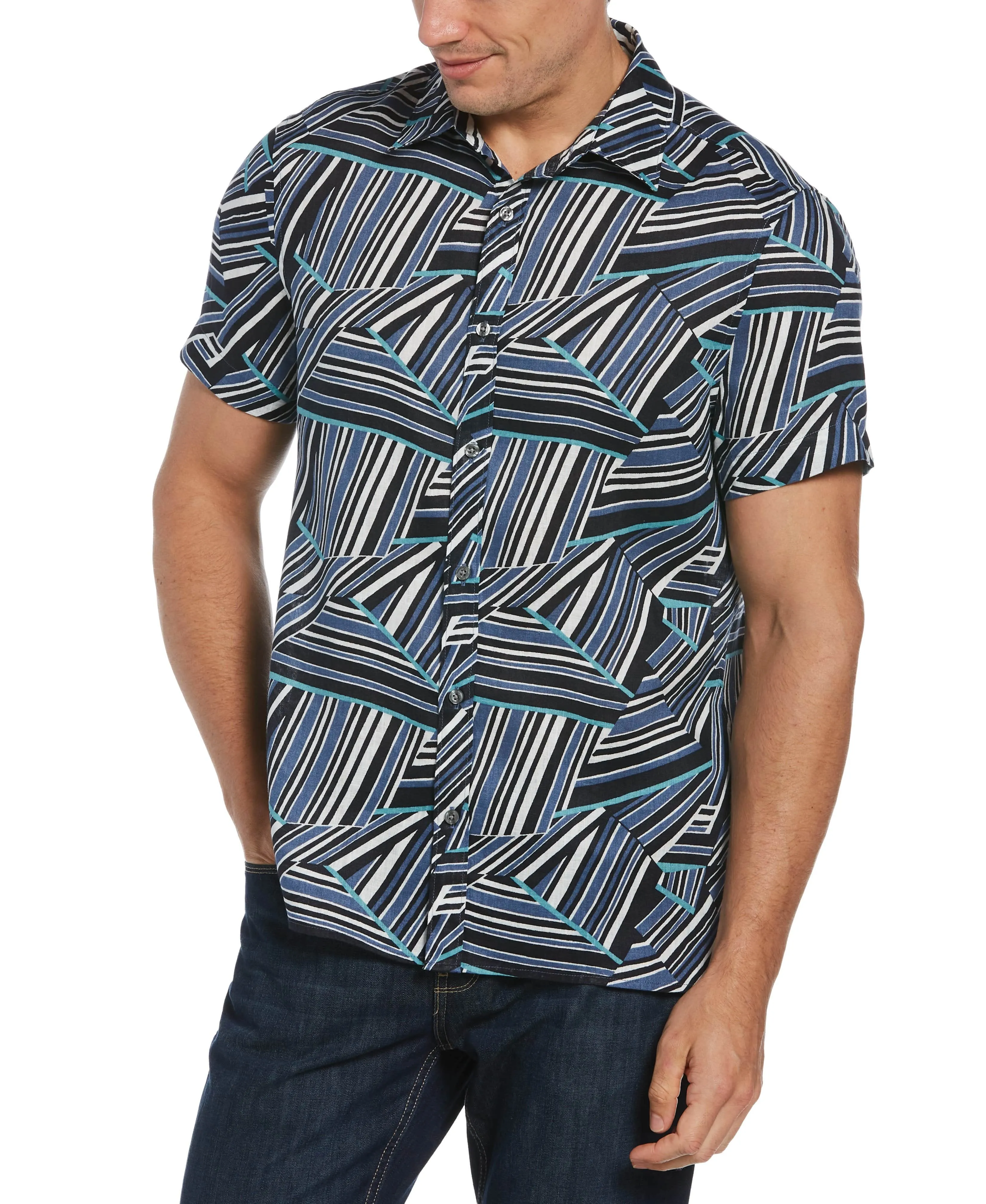 Untucked Linen Blend Abstract Print Shirt sold by Perry Ellis