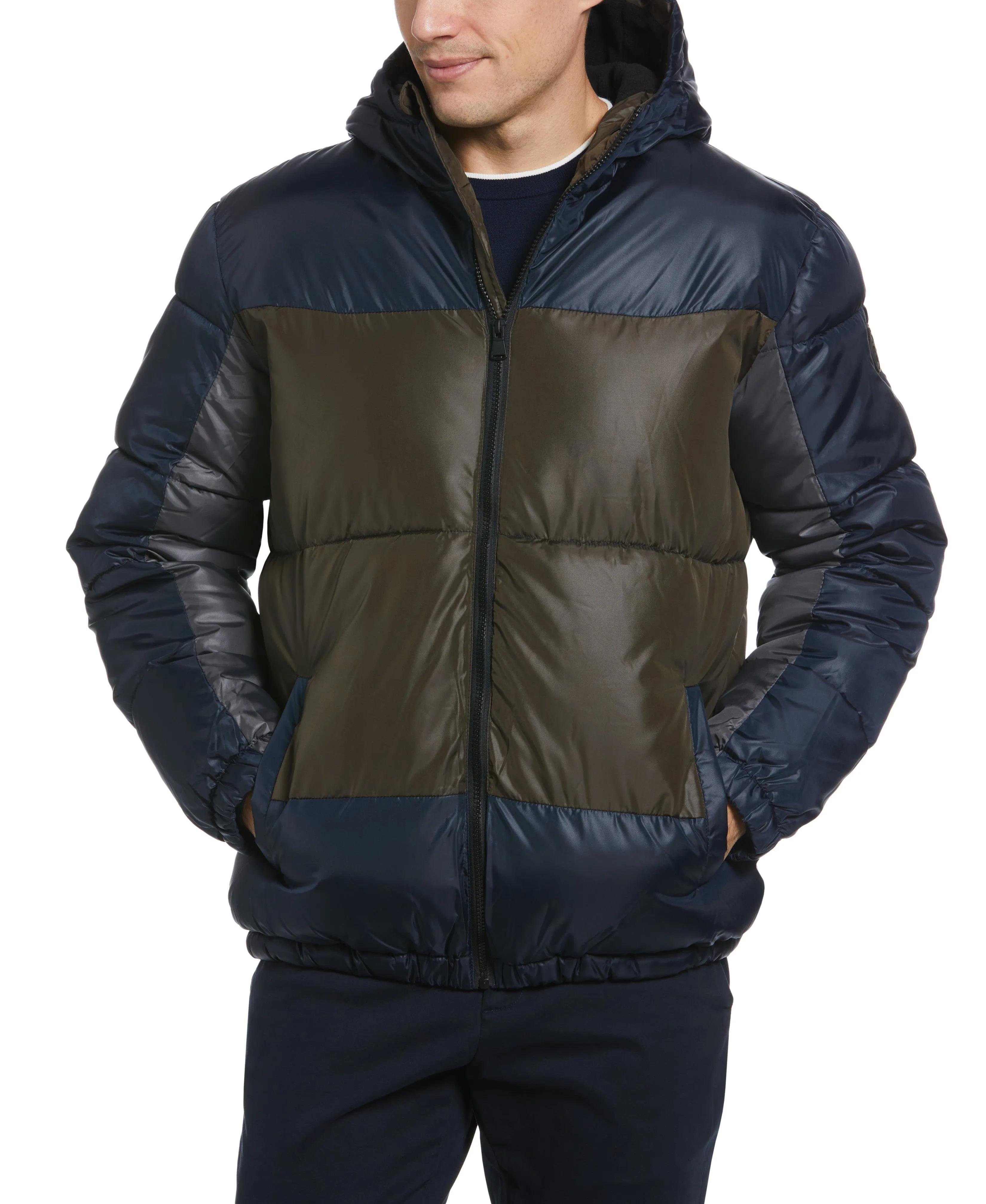 Colorblock Hooded Puffer Jacket sold by Perry Ellis