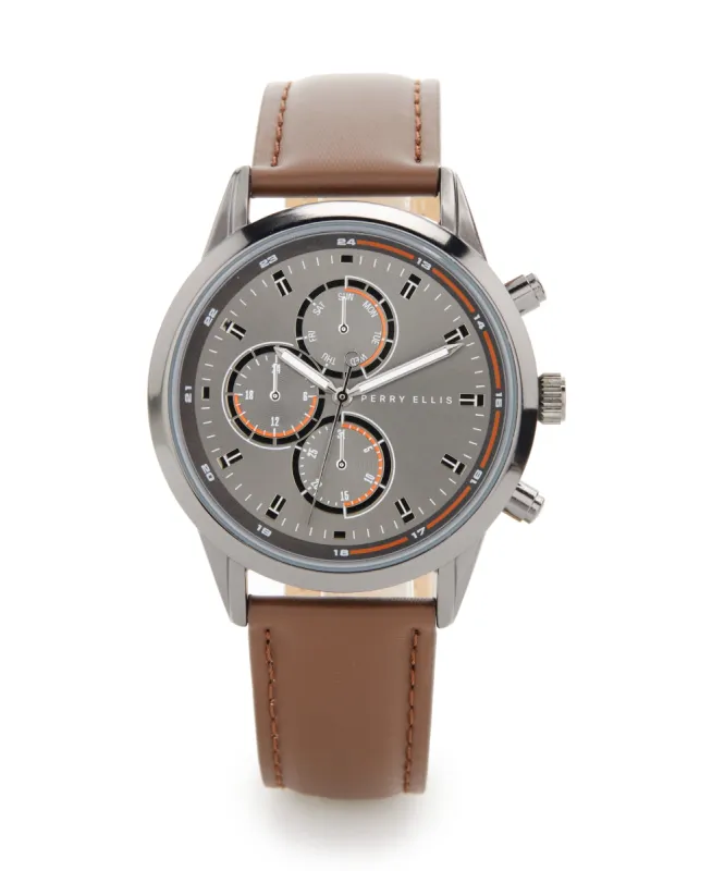Brown and Silver Metal Genuine Leather Band Watch sold by Perry Ellis