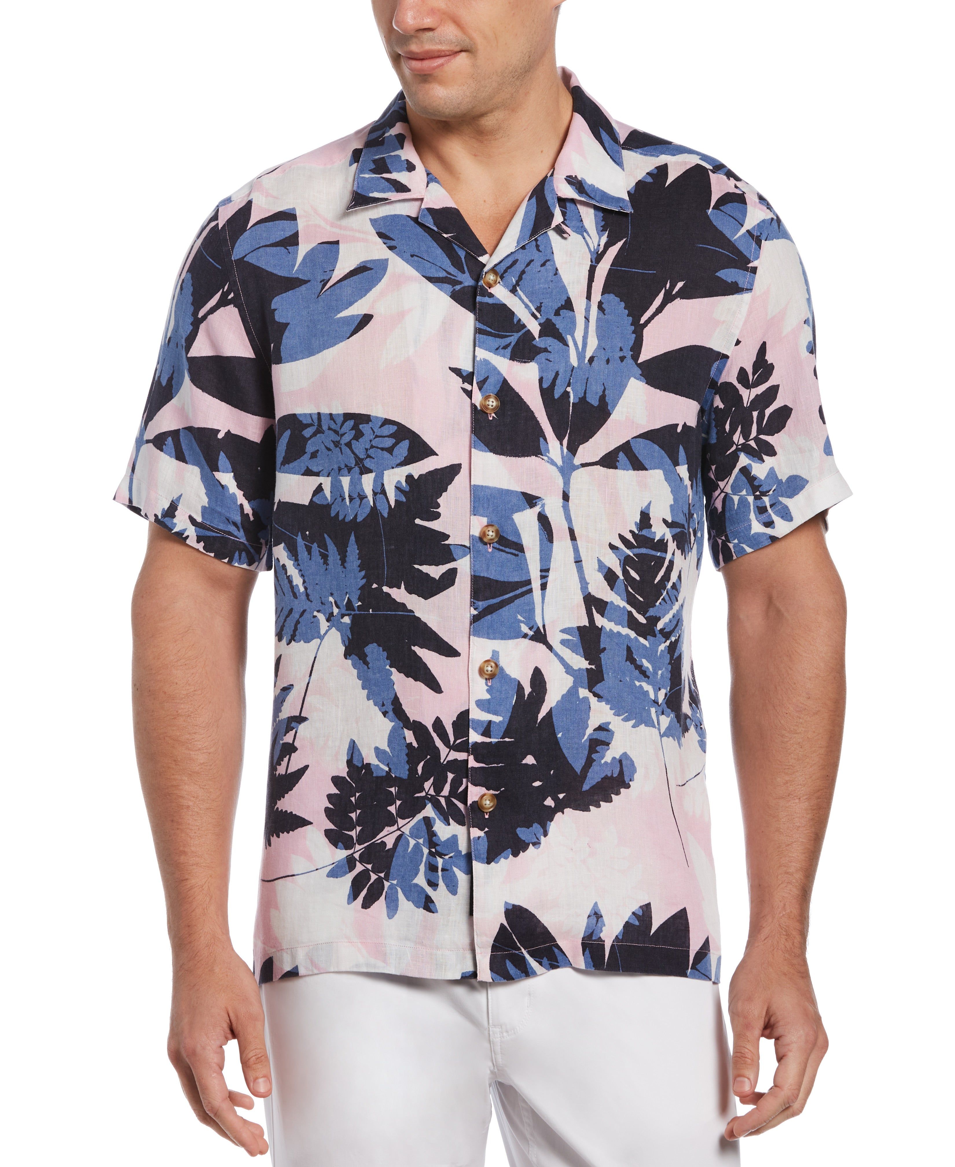 Big & Tall Untucked Linen Bold Leaf Print Shirt sold by Perry Ellis