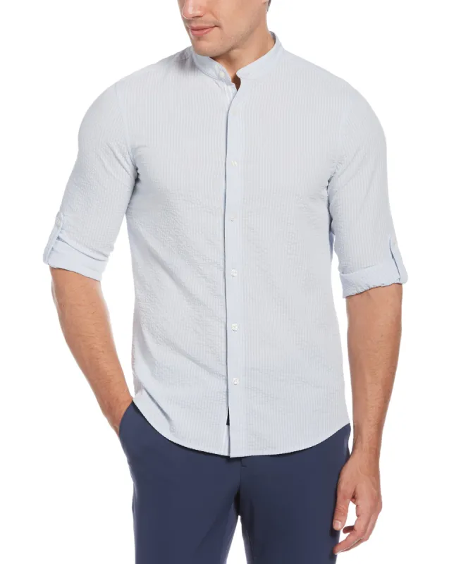 Untucked Total Stretch Slim Fit Seersucker Shirt - Blue sold by Perry Ellis