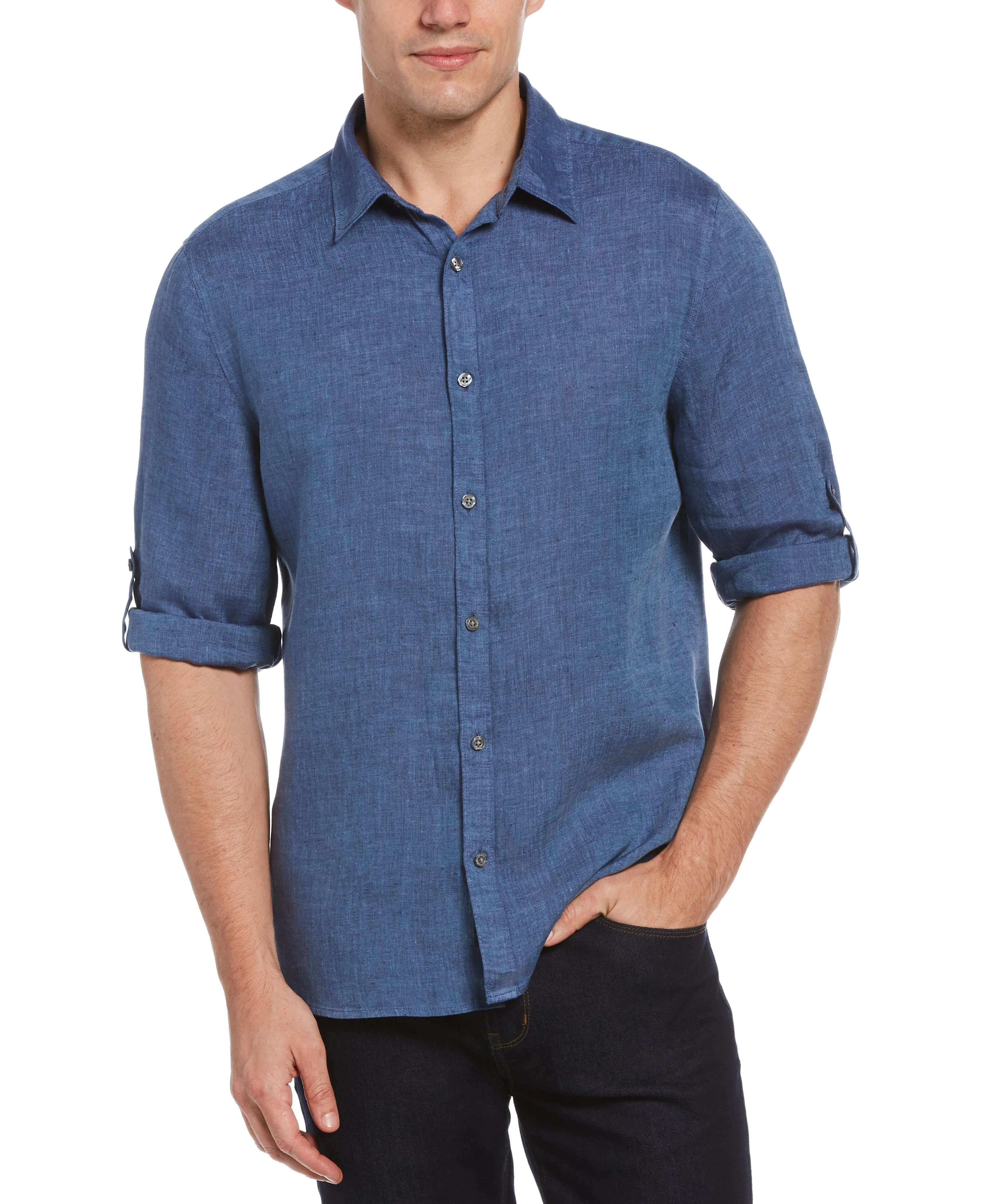Untucked Roll Sleeve Linen Chambray Shirt sold by Perry Ellis