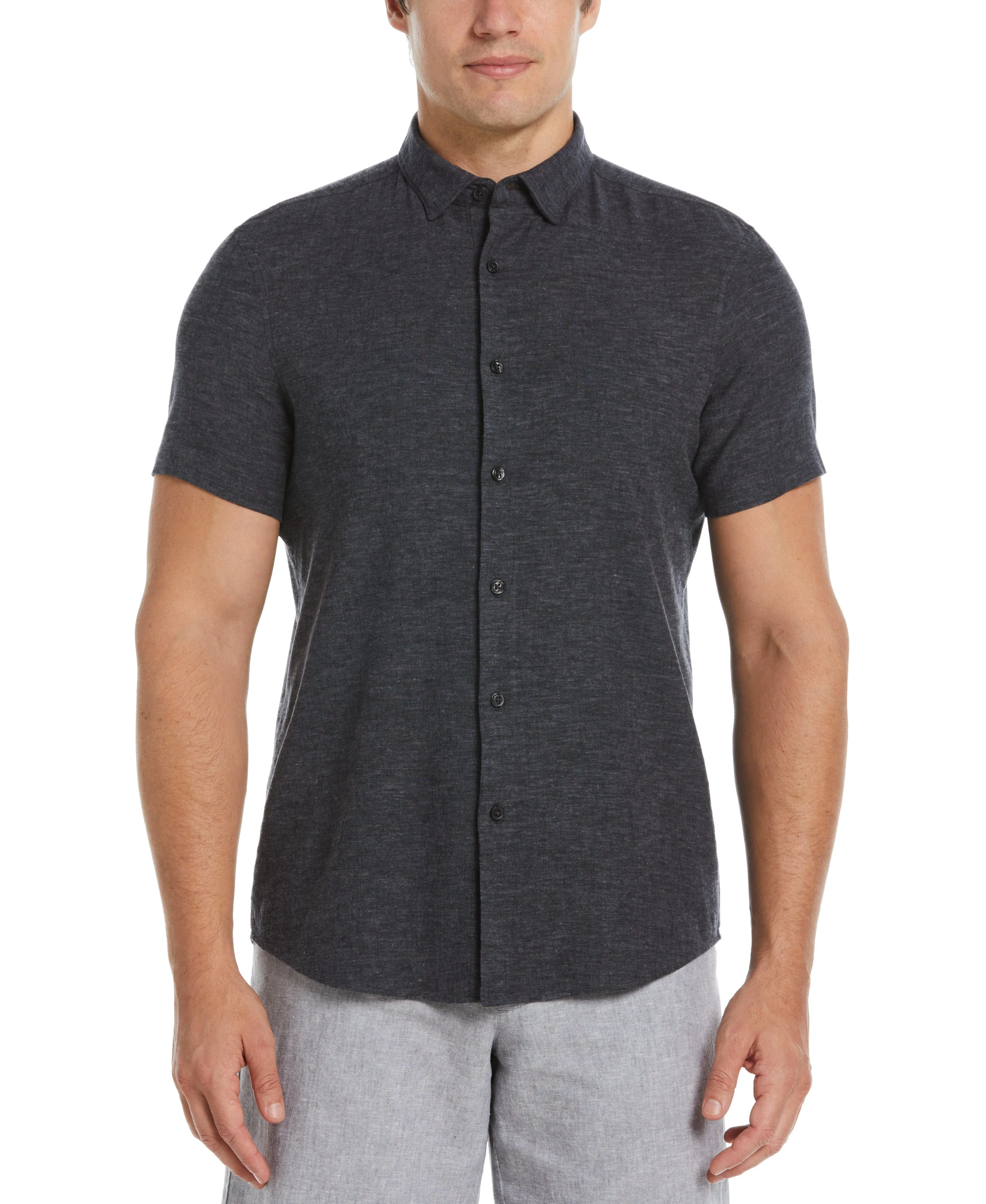 Untucked Slim Fit Linen Blend Heather Shirt - Black sold by Perry Ellis