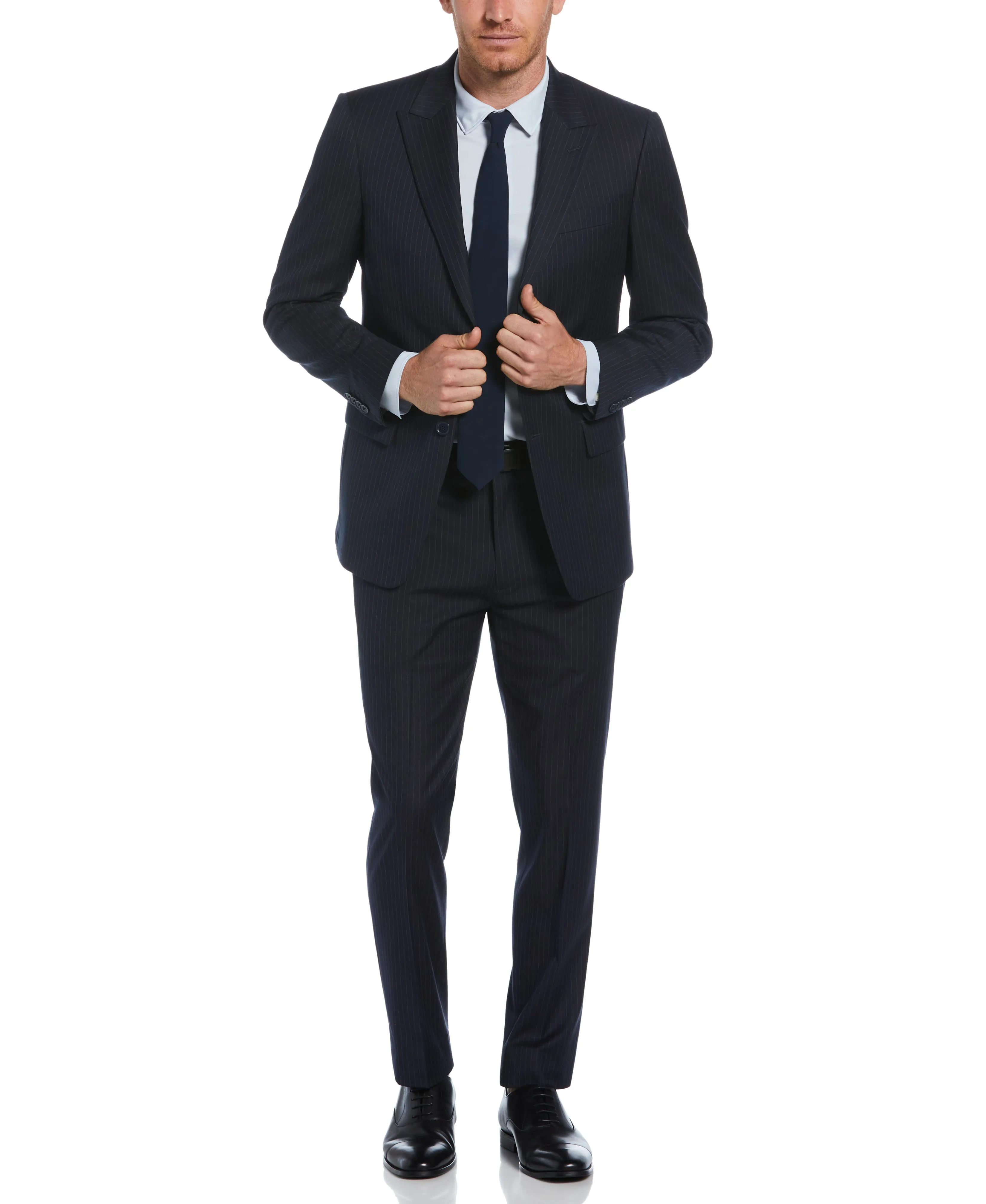 Slim Fit Navy Pinstripe Peak Lapel Suit sold by Perry Ellis