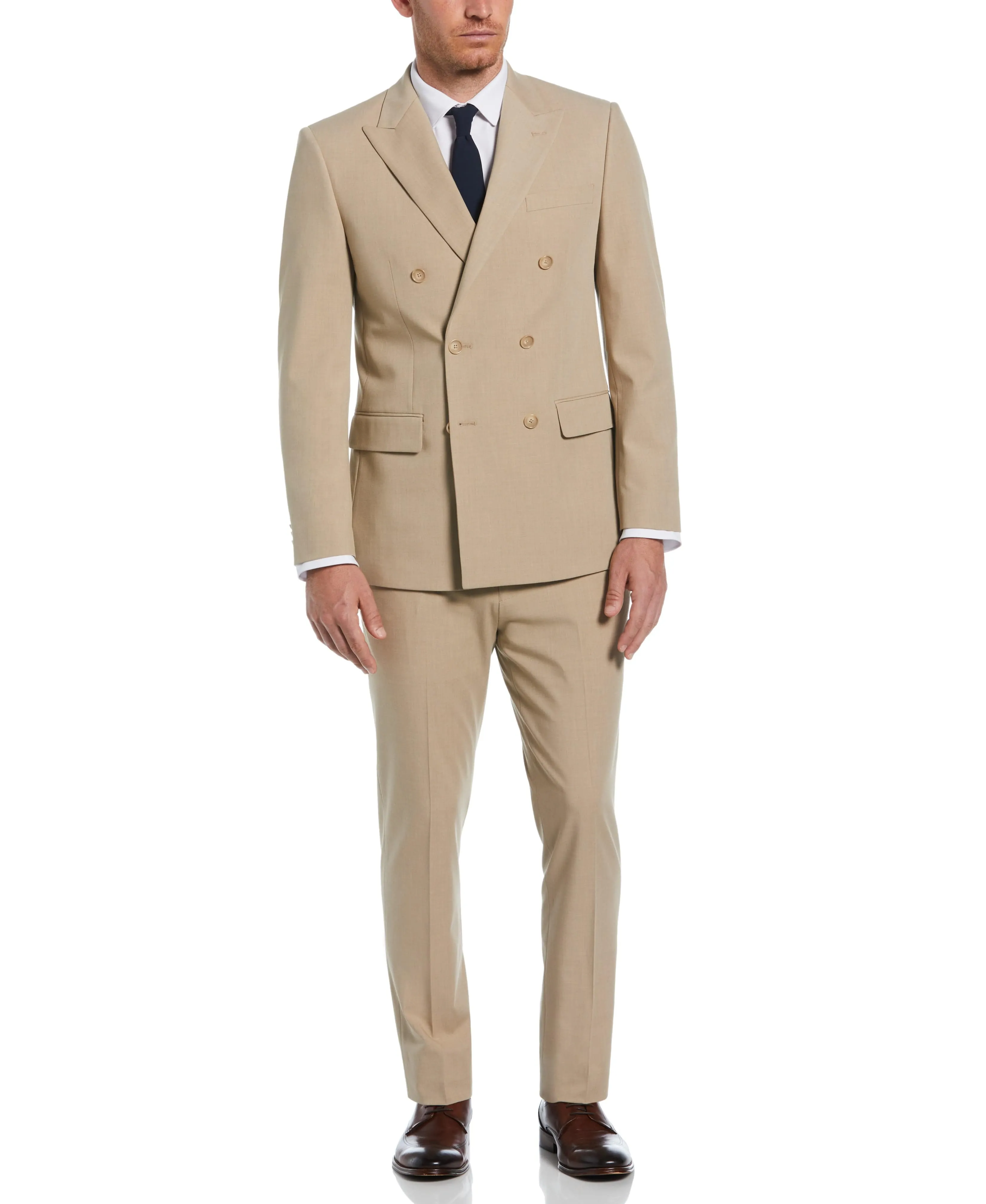 Slim Fit Tan Double Breasted Peak Lapel Suit sold by Perry Ellis
