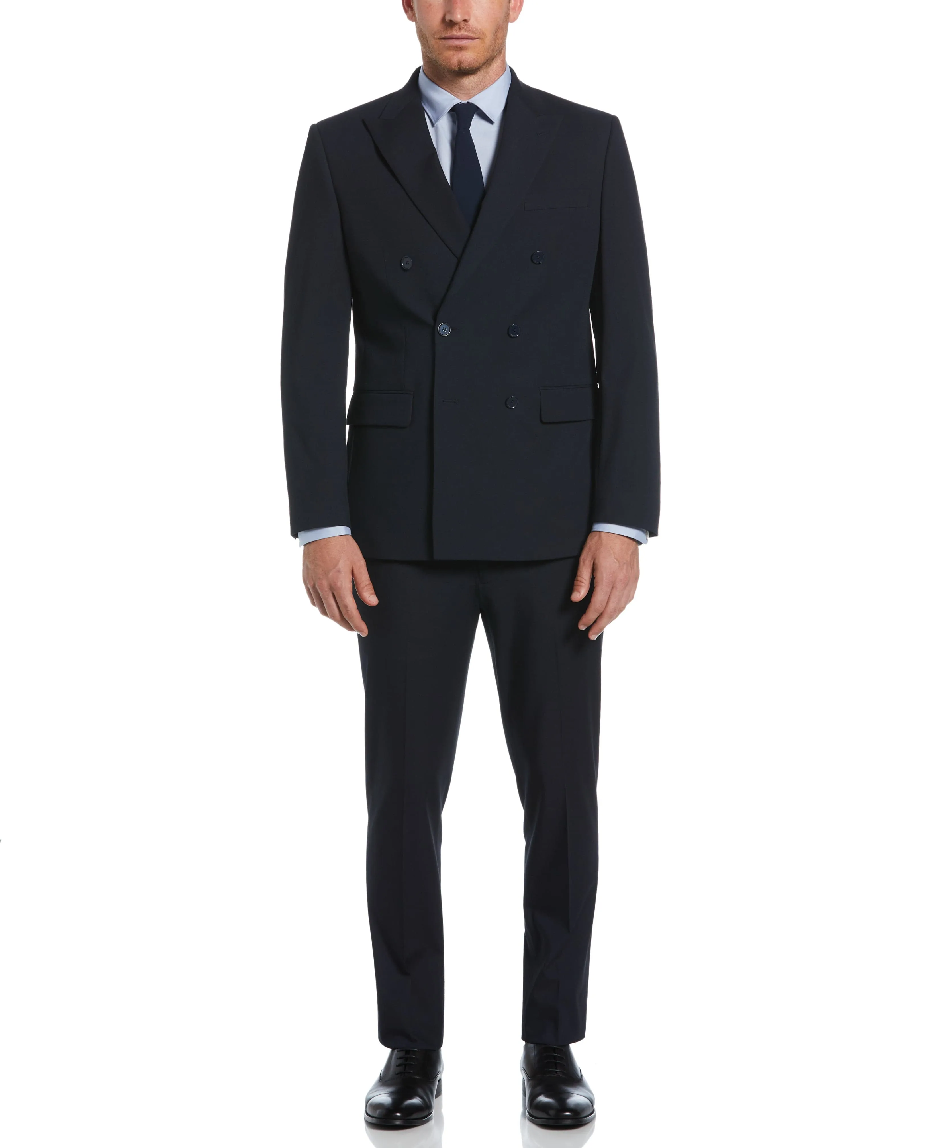 Slim Fit Navy Double Breasted Peak Lapel Suit sold by Perry Ellis